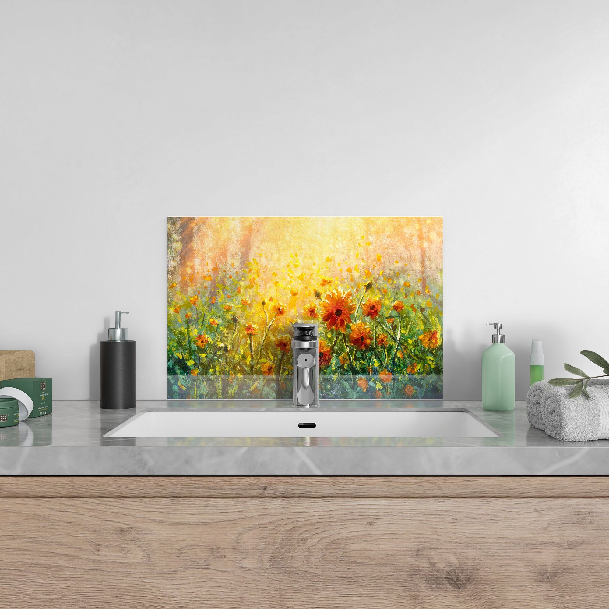 Glas DEQORI 'Blumenwiese im Spritzschutz Badrückwand Küchenrückwand Monet-Stil', Herdblende