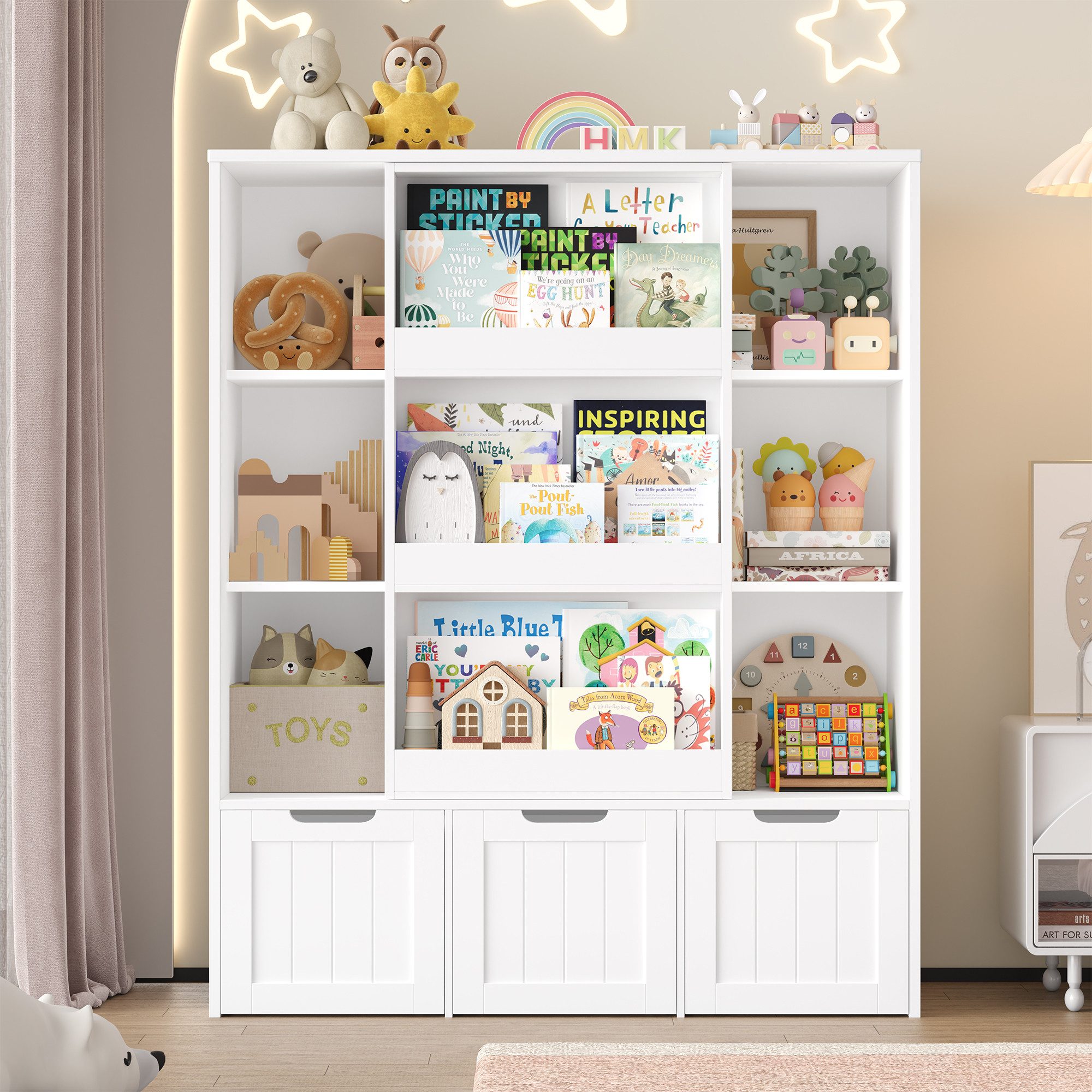 Homfa Kinderregal mit Bücherregal Kinderschrank mit 3 Spielzeugkisten auf Rollen, Spielzeugregal mit 6 offenen Fächern Spielzeugtruhe 120x100x37cm – Bild 2 von 5