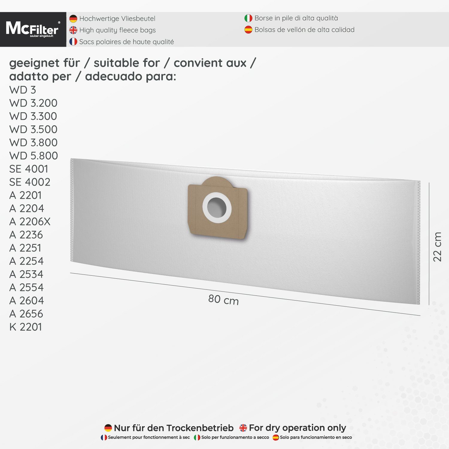 McFilter Staubsaugerbeutel (10 Stück) + Filter, A2254 MV Alternative WD3 3, 3 1 passend für und Kärcher A2604 Staubsauger, Trockensauger für 6.959-130.0 Nass- MV3 (Patronenfilter) (Beutel), 6.414-552.0 11 WD A2204 St