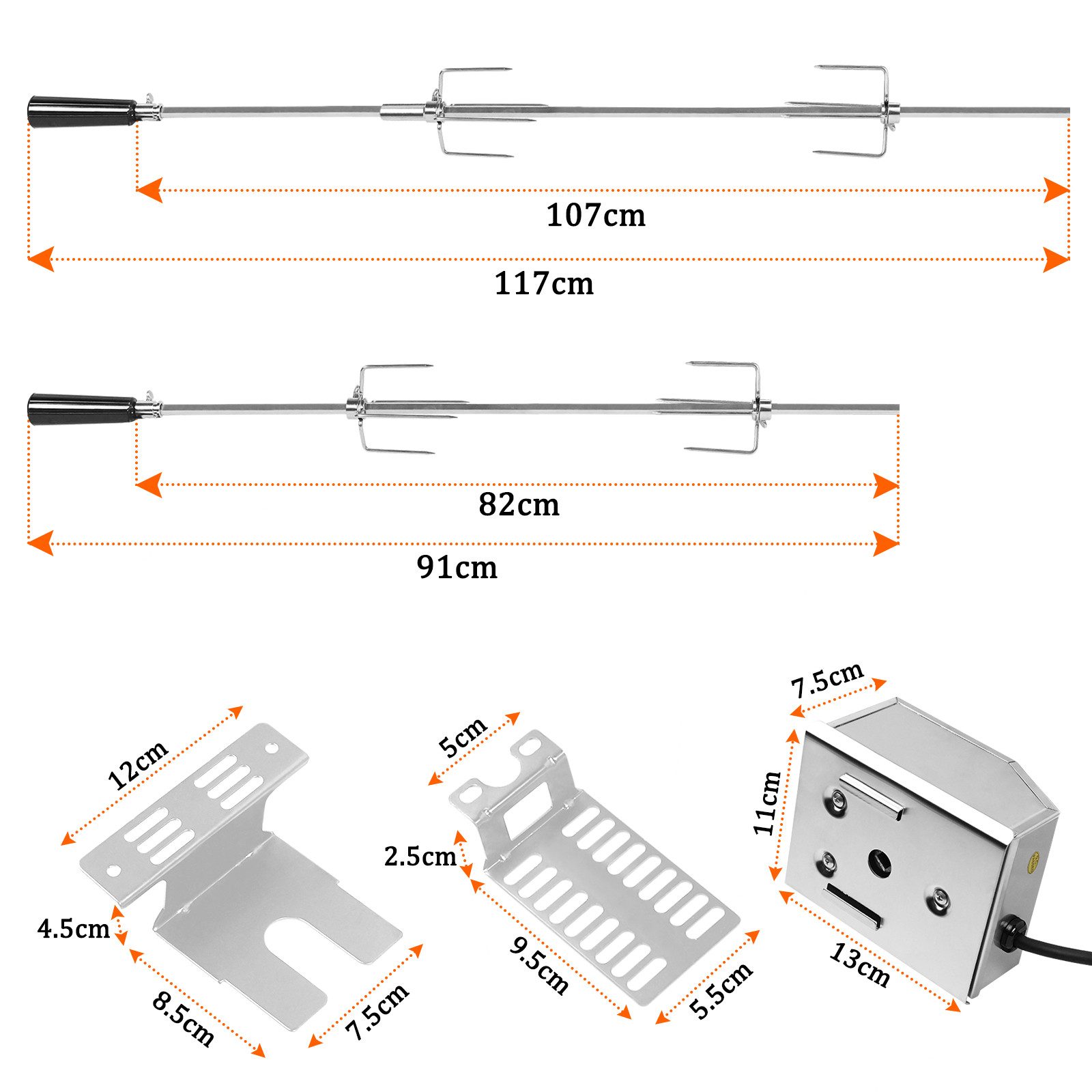 FIVMEN Grillspieß Edelstahl Spieß Set 107cm BBQ Fleischklammer mit Motor Drehspieß (Fleischnadeln, 2-St)