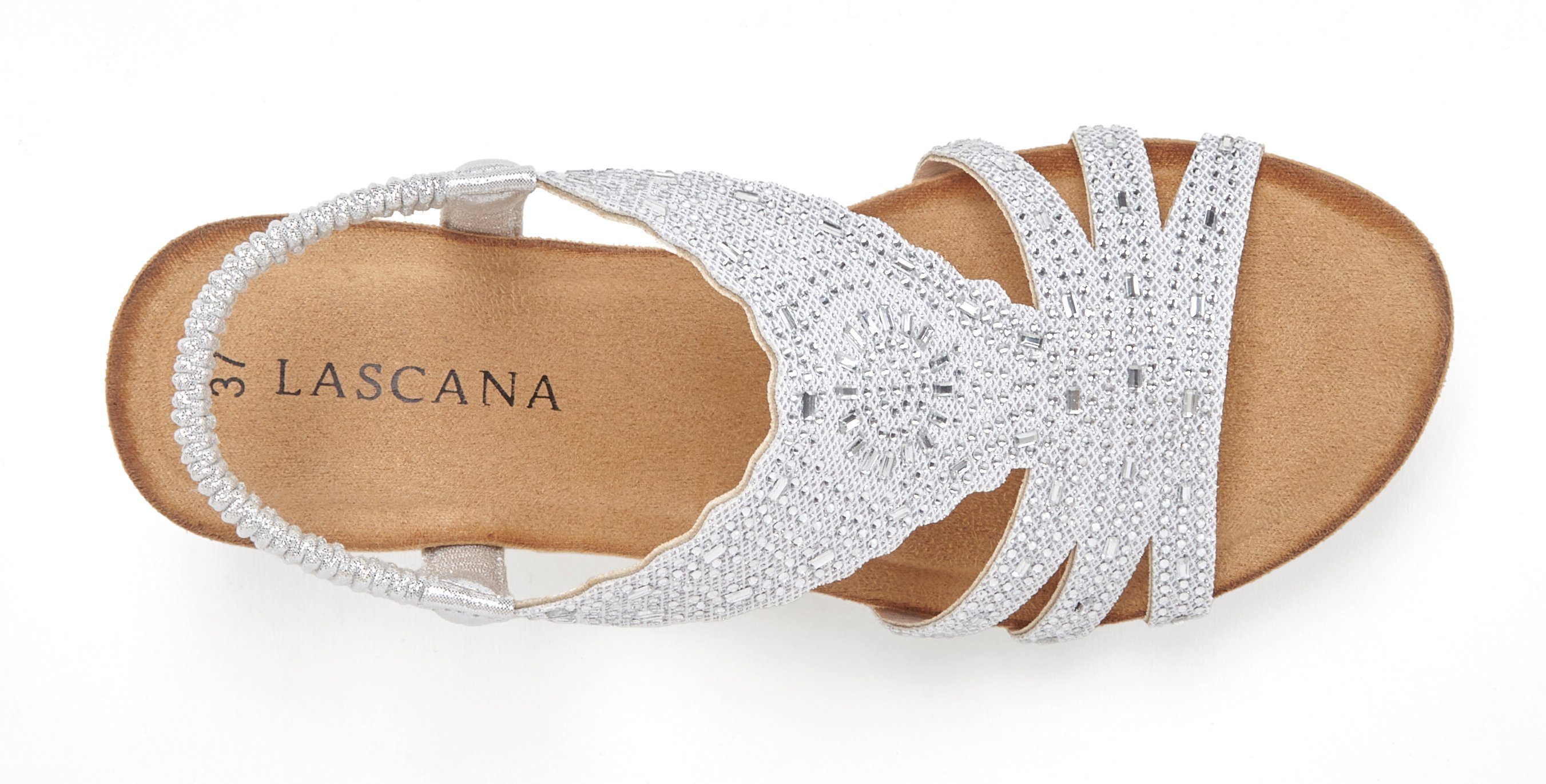 LASCANA Sommerschuh, offener Schuh, Sandale, Sandalette mit Glitzerdetails, Keilabsatz & elastischem Riemchen