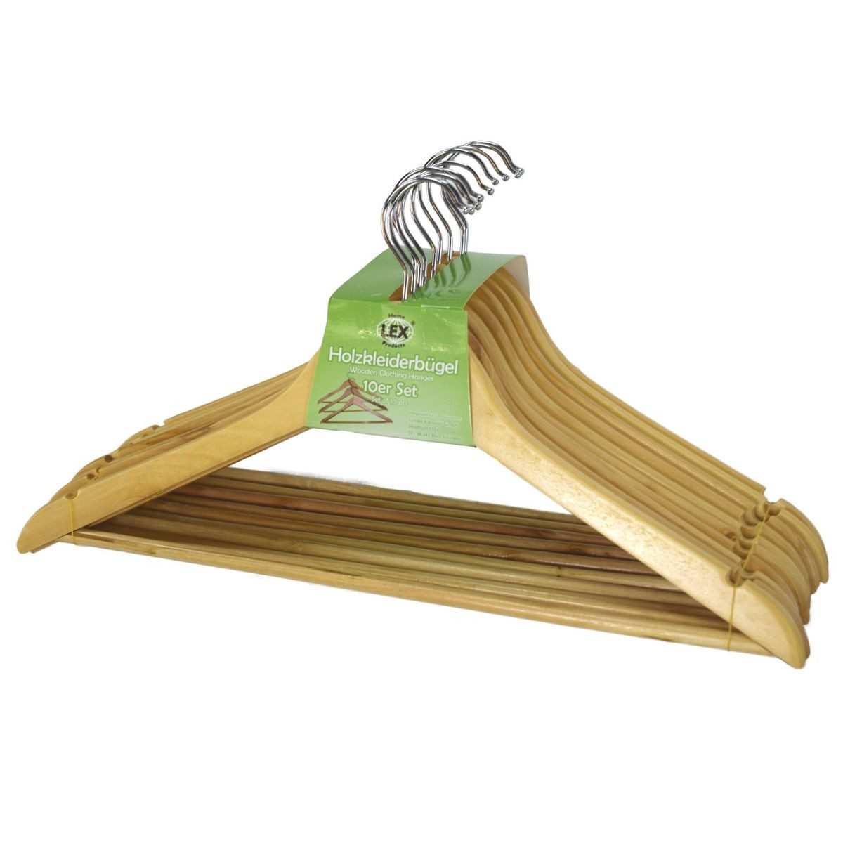 LEX Kleiderbügel Holzkleiderbügel 44 x 23 cm mit Metallhaken & Hosenhalter im 10er-Set, (10-tlg), klassisches Design