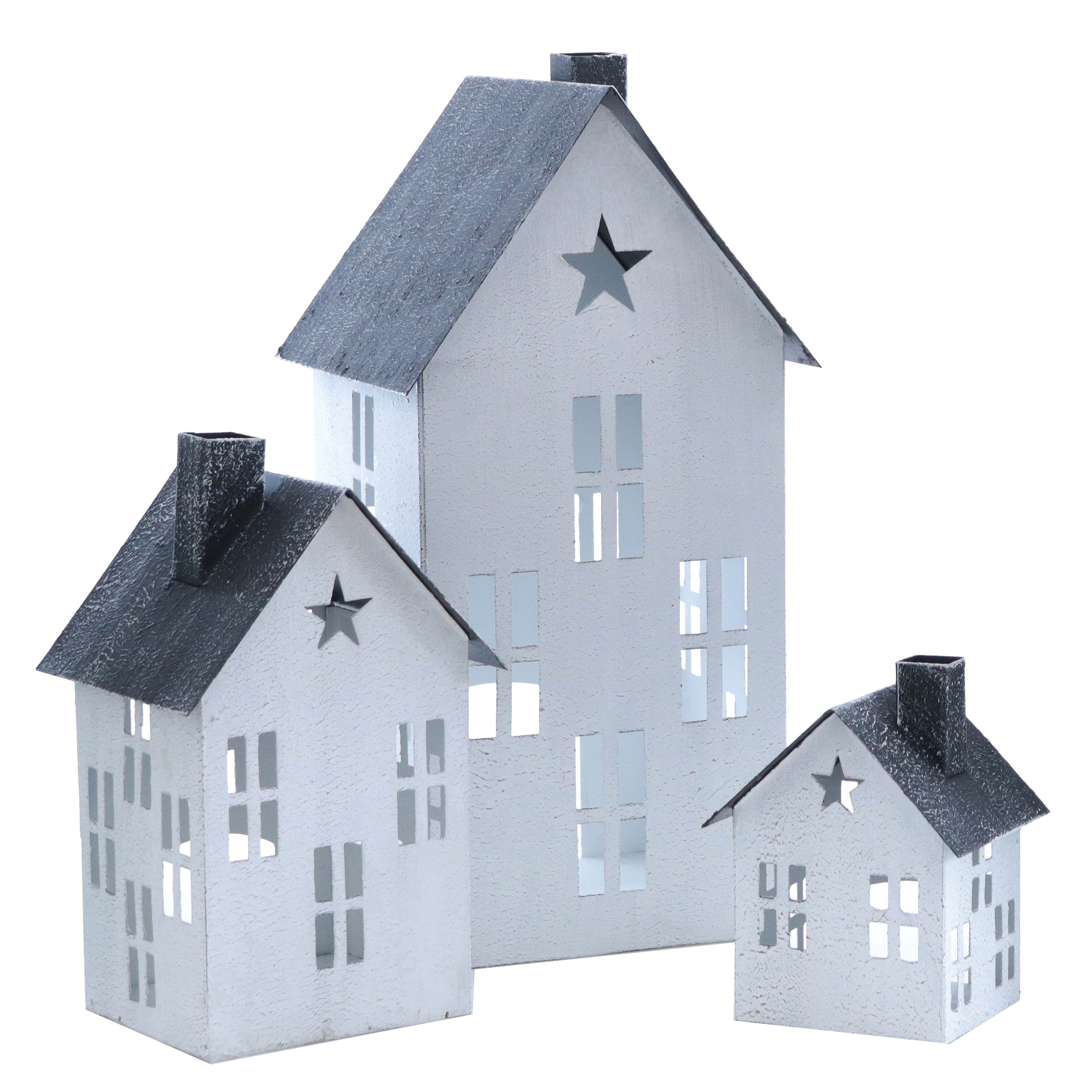 Spetebo Kerzenlaterne Metall Windlicht Haus mit Stern 3er Set - weiß (Set,  3 St., 3-teilig), 36 / 23 / 14 cm - Deko Windlicht Lampion Kerzenhalter  Außen