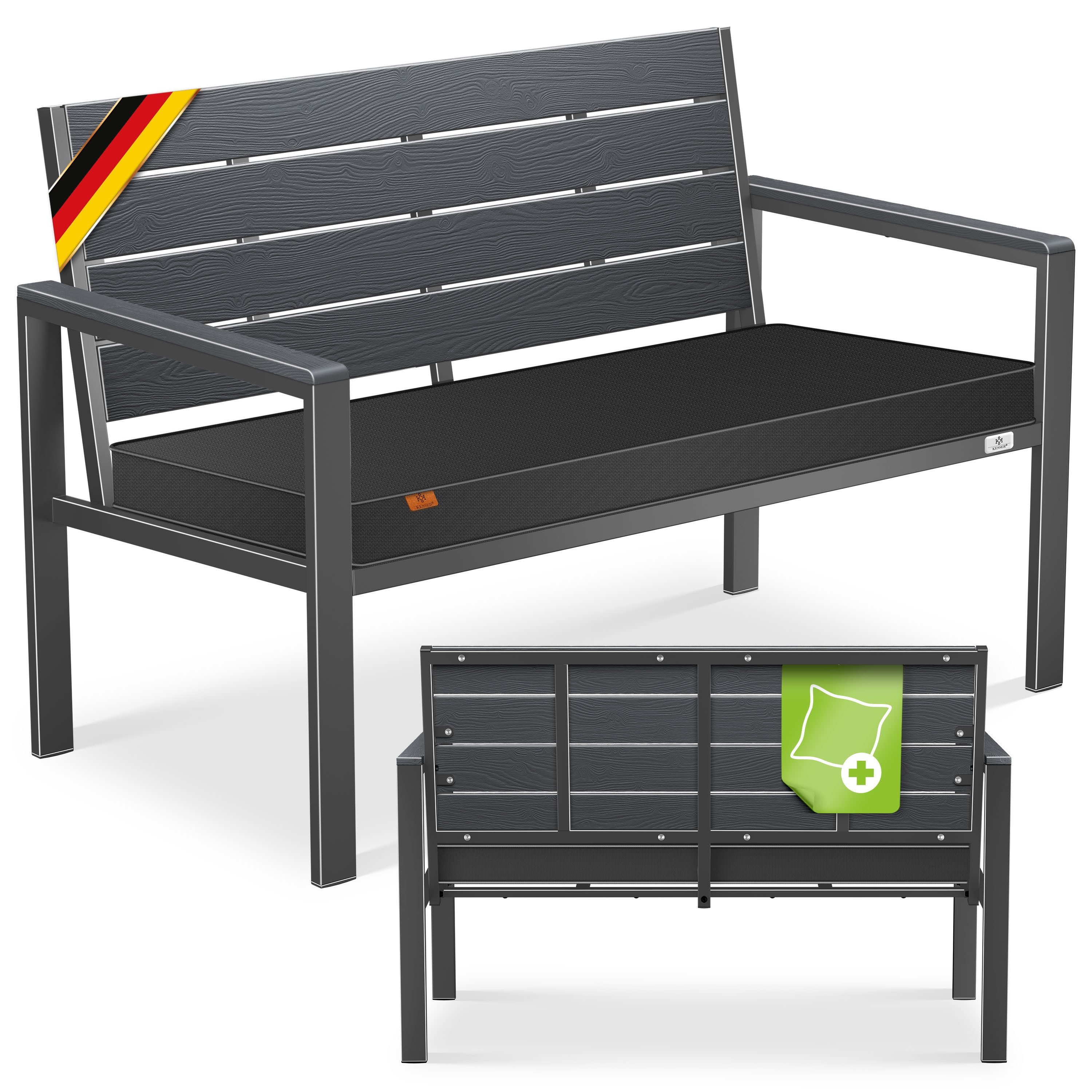 KESSER Gartenbank 2-Sitzer Balkonbank in Holzoptik bis 300 kg belastbar (Parkbank inkl. abnehmbarem & waschbarem Sitzpolster & Montagezubehör), UV-beständige Sitzbank für Garten, Terrasse & Balkon