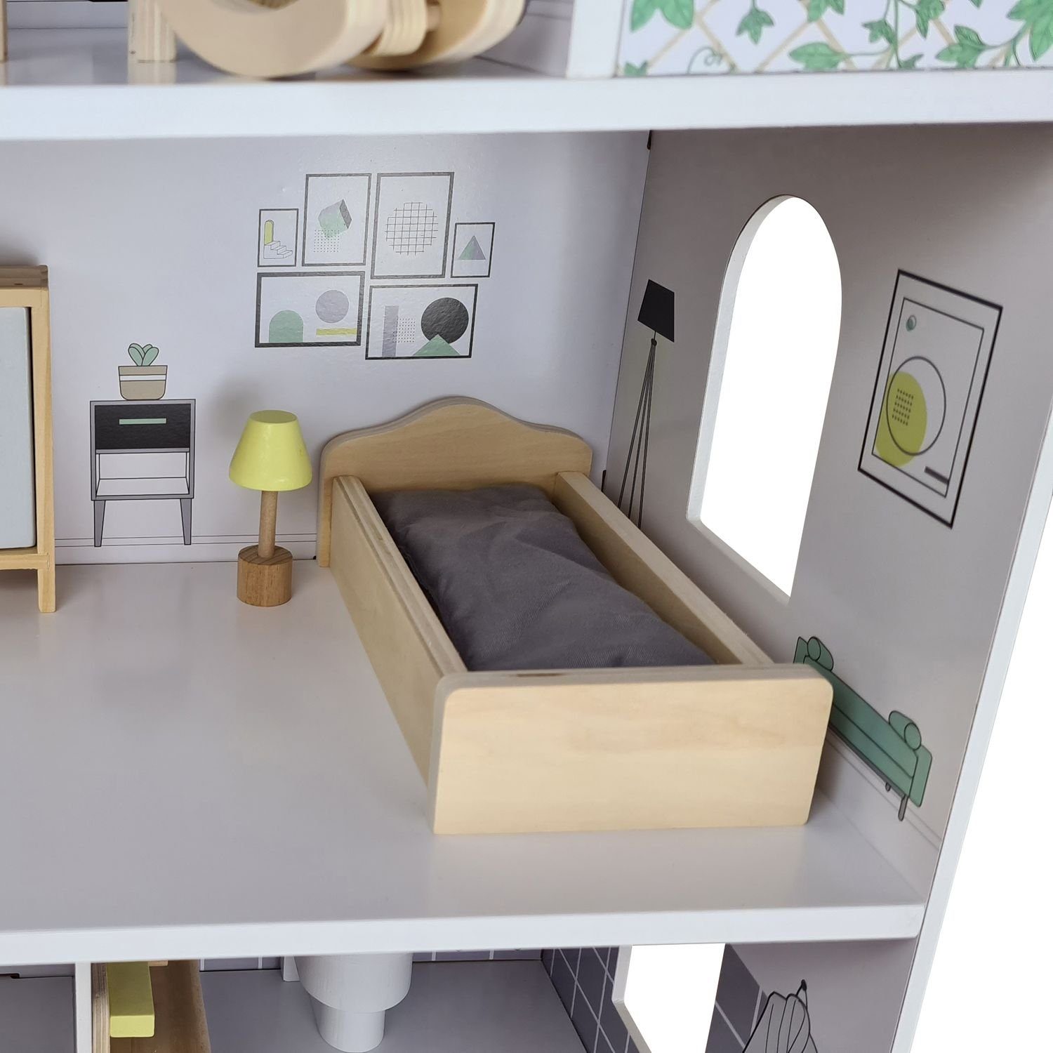 Coemo Puppenhaus ANNA, (möbliertes Puppenhaus Holz, 11-tlg), 3-stöckige Puppenstube aus Holz, komplett mit Möbel und Zubehör