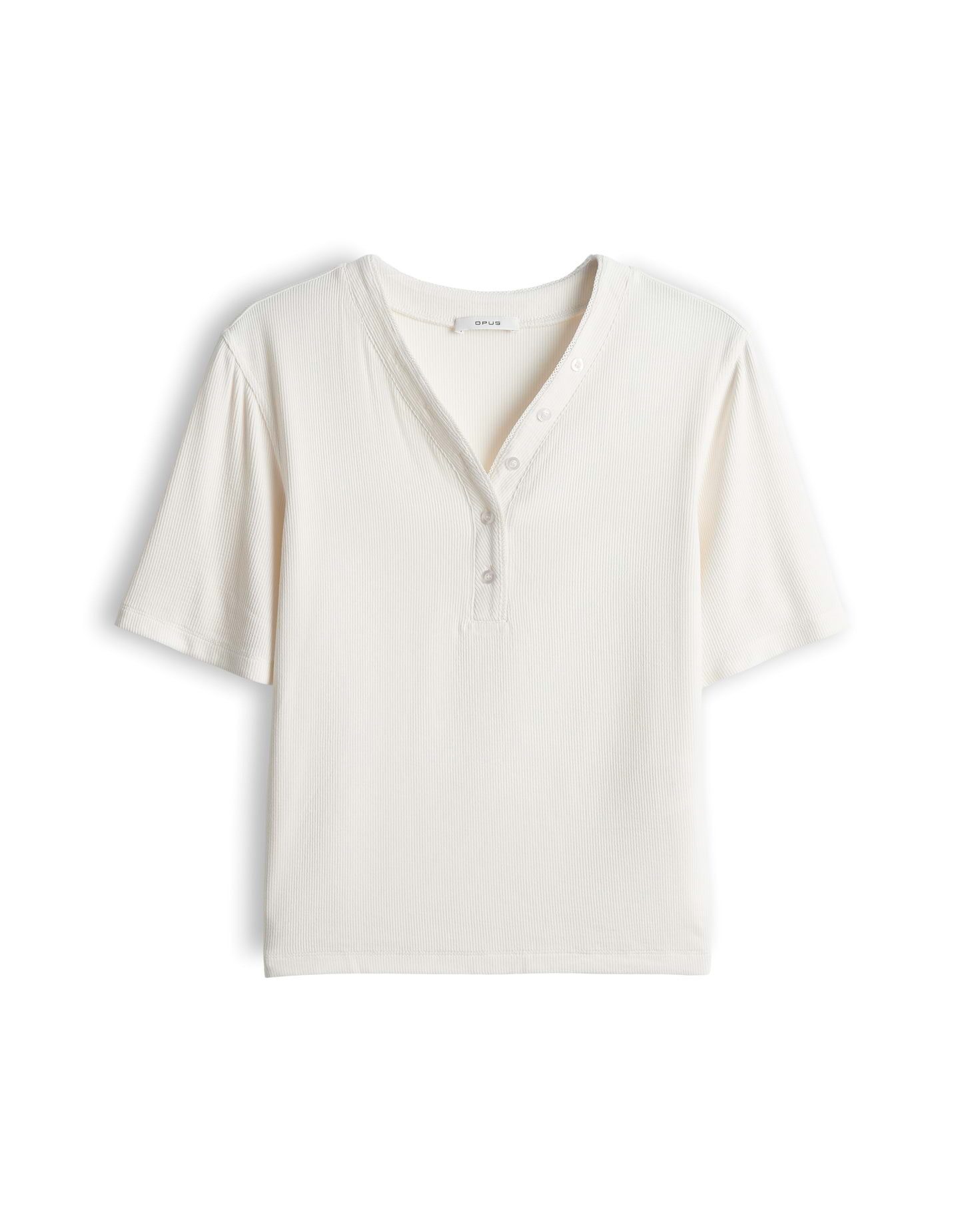 OPUS Kurzarmshirt mit feiner Rippe Femininer Ausschnitt mit leichter Transparenz