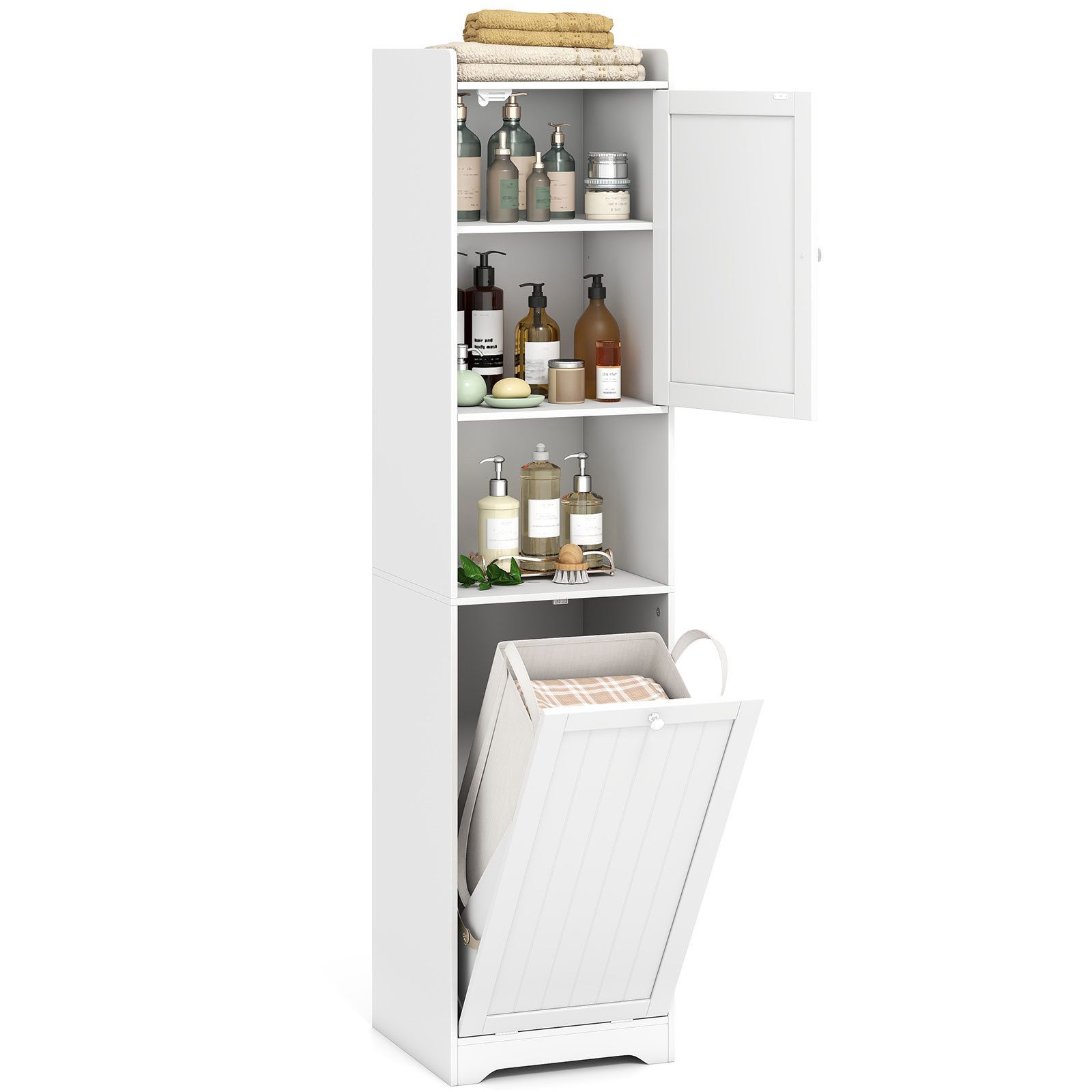KOMFOTTEU Hochschrank Badezimmerschrank mit Wäschekorb & verstellbares Regal