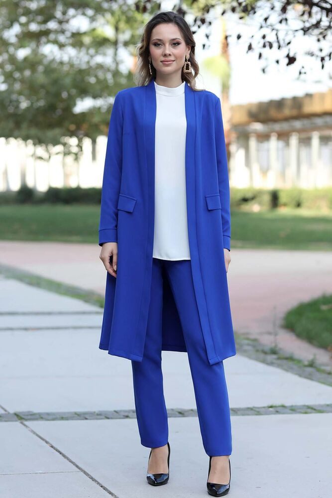 Modavitrini pantsuit two-piece women's suit long-sleeved long blazer with trousers modest fashion (suit set) open front without closure