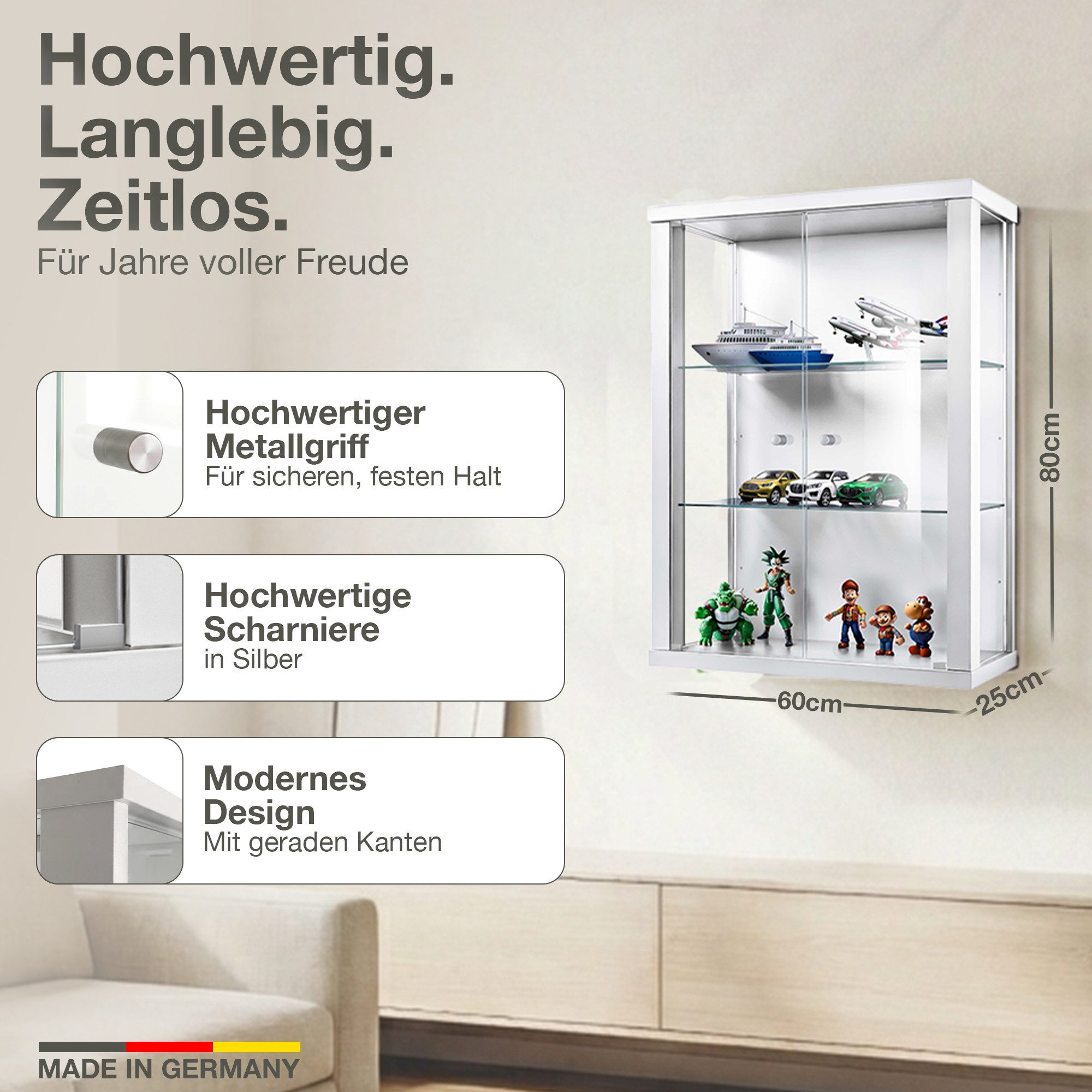 K-Möbel Hängevitrine C1012 (Glasvitrine (80x60x25 cm) mit 2 Glastüren) Glasvitrine hängend