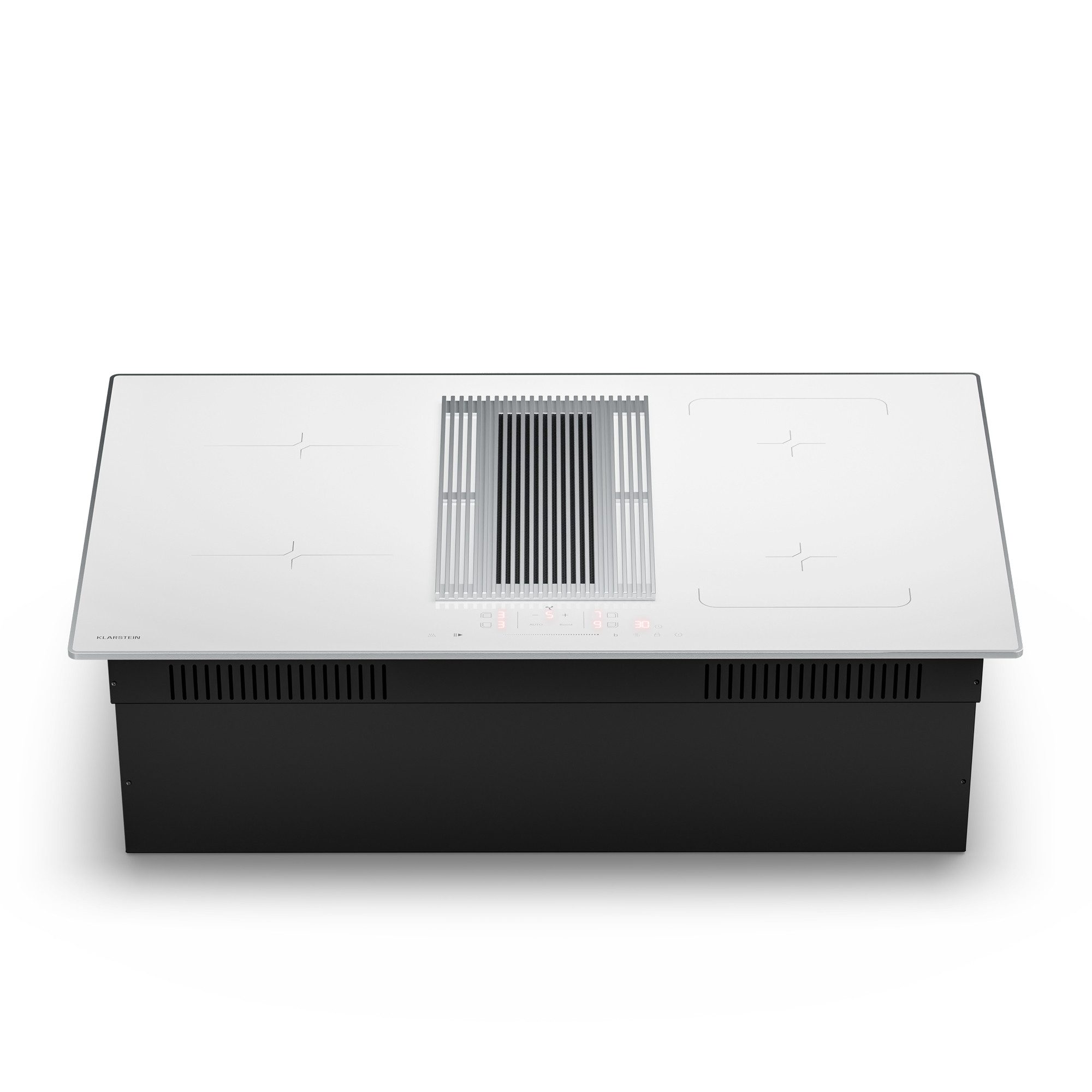 Klarstein Unterbauhaube Wonderglass Serie Wonderglass Velaire Induktion+Abzug 80cm 4 Zonen 8400W 597 m³/h Boost Wonderglass, Einbau-Kochfeld 80 cm autark mit Dunstabzughaube Touch Restwärme