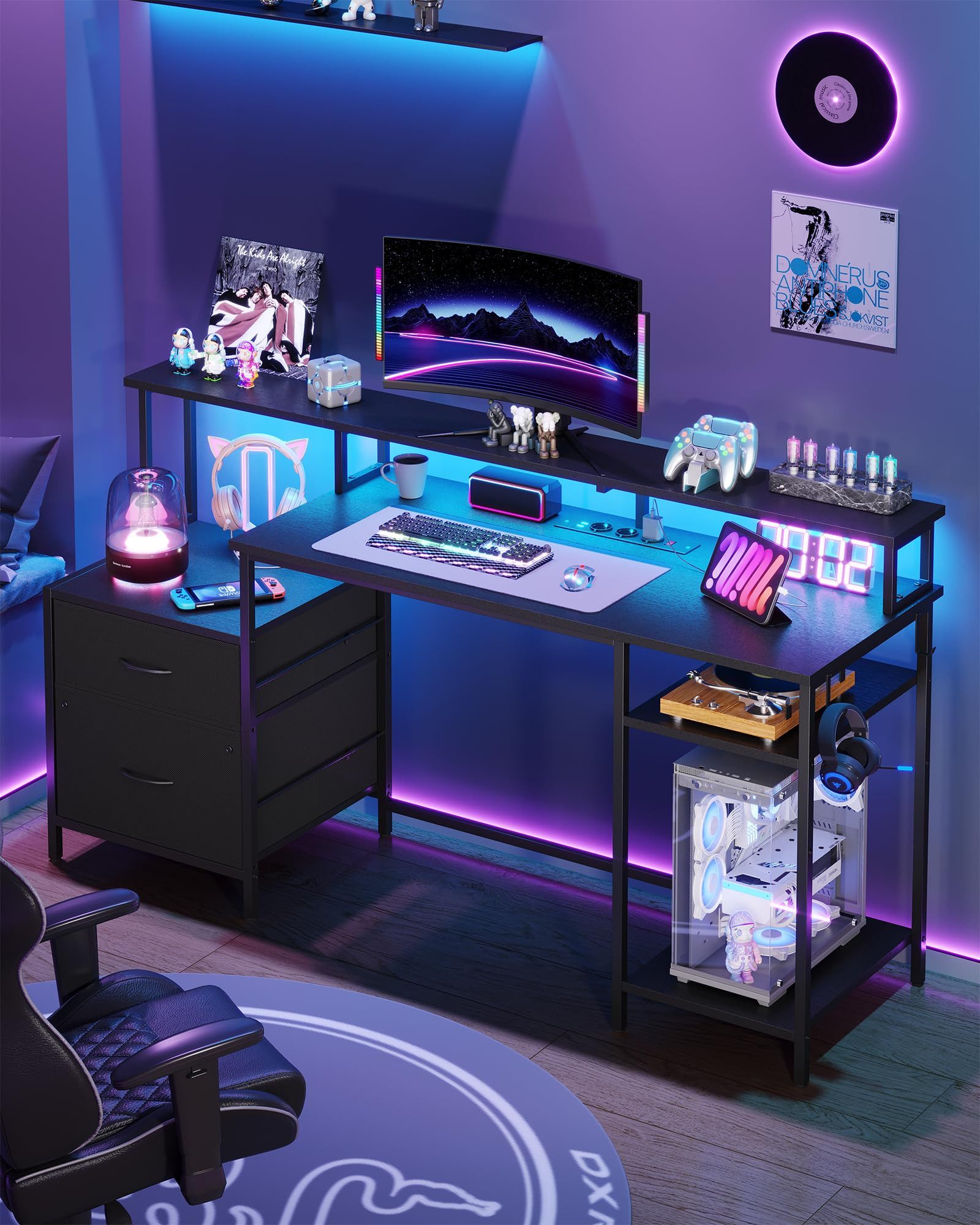 MSMASK Computertisch Gaming Tisch mit Led und Steckdose, Schreibtisch mit 2 Schubladen, Bürotisch mit Druckerregal und Monitorständer, Verstellbare Ablagen