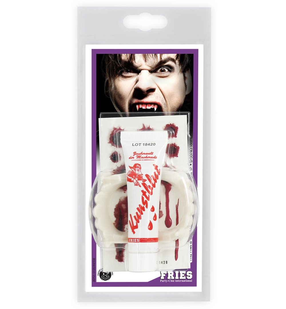 Fries Vampir-Kostüm 3-tlg Kunstblut Dracula Vampir Zähne Blut Tattoos Karneval Fasching, 3-tlg Vampir Set