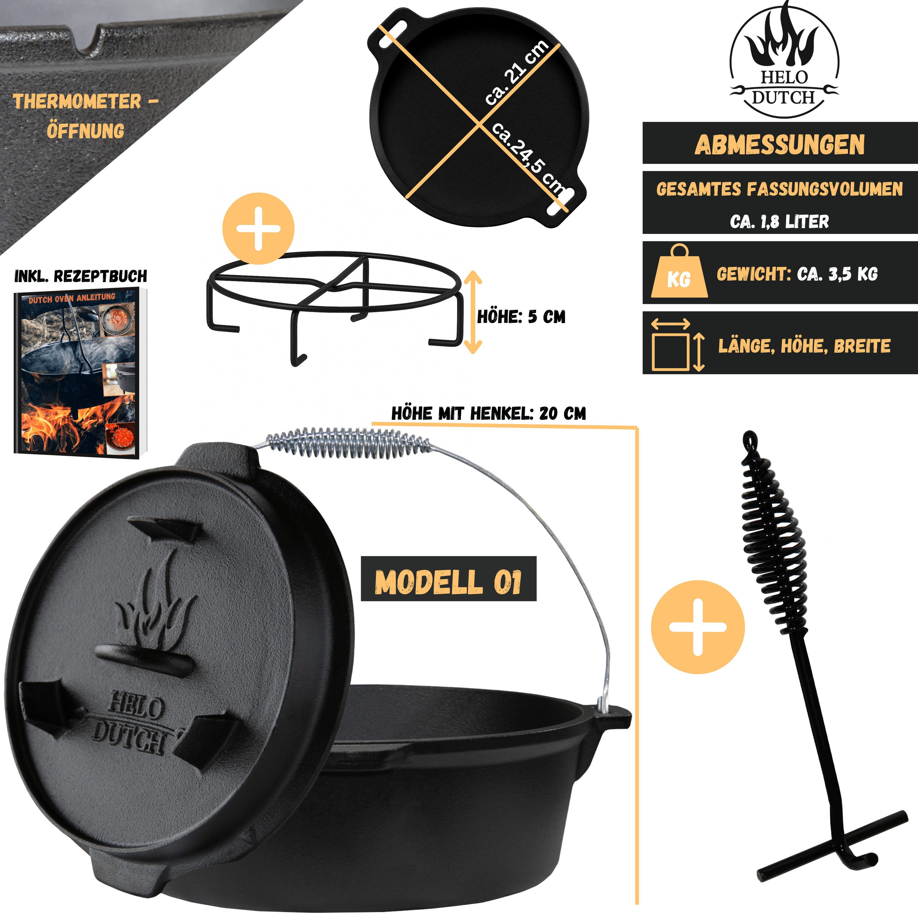 HELO24 Feuertopf Dutch Oven Set Gusseisen Deckelheber Schmortopf Kochbuch 1.8L - O1, Gusseisen