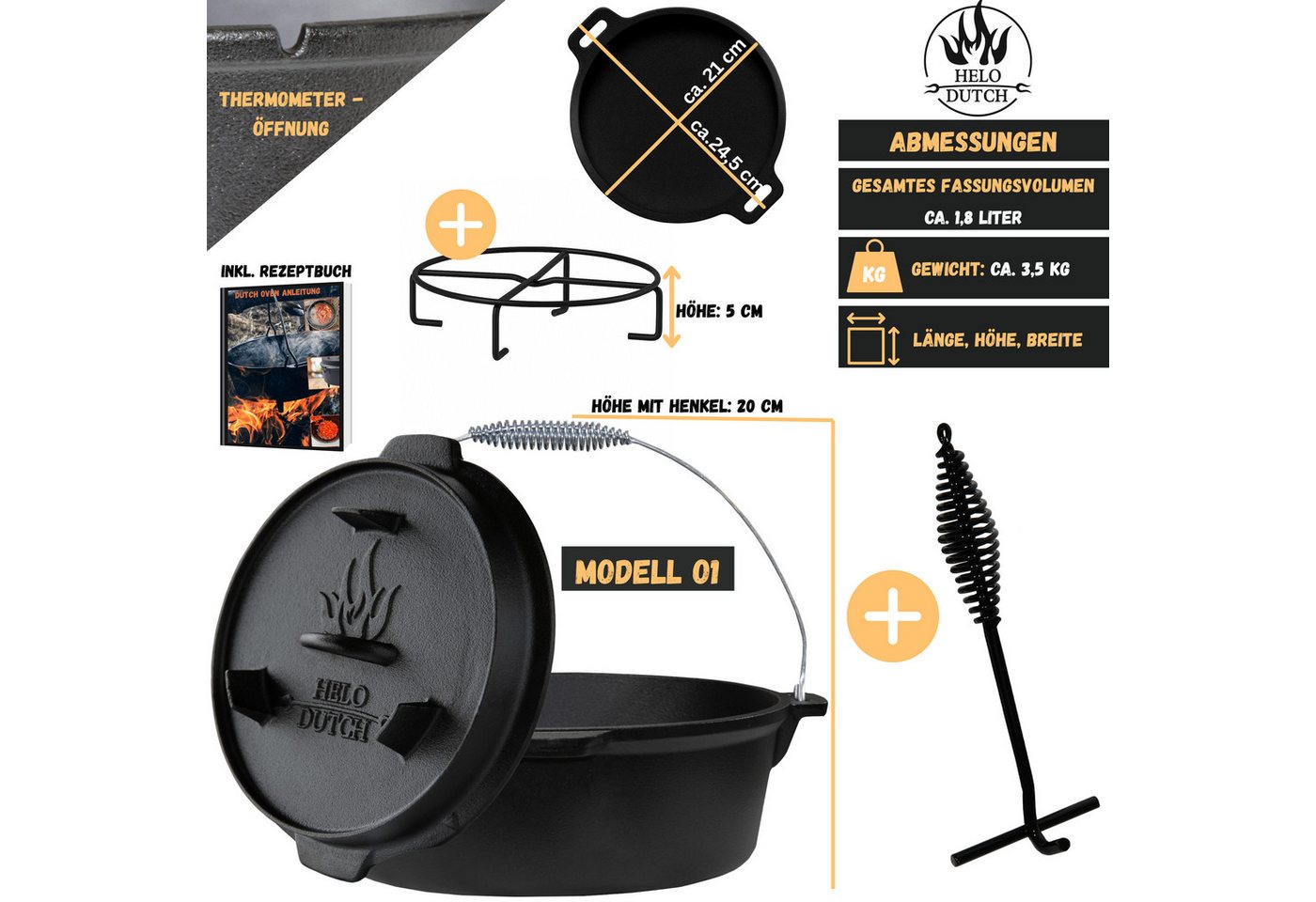 HELO24 Feuertopf Dutch Oven Set Gusseisen Deckelheber Schmortopf Kochbuch 1.8L - O1, Gusseisen