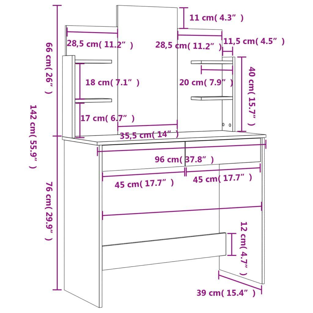 96x39x142 furnicato Schminktisch mit Eichen-Optik Spiegel Braun cm