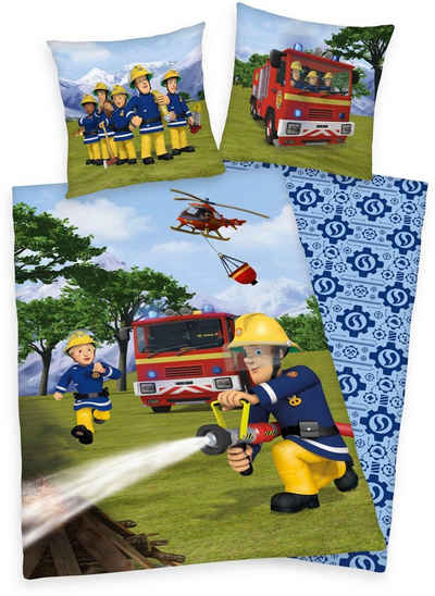 Kinderbettwäsche Feuerwehrmann Sam, Feuerwehrmann Sam, Renforcé, 2 teilig, mit Löschzug und Helikopter
