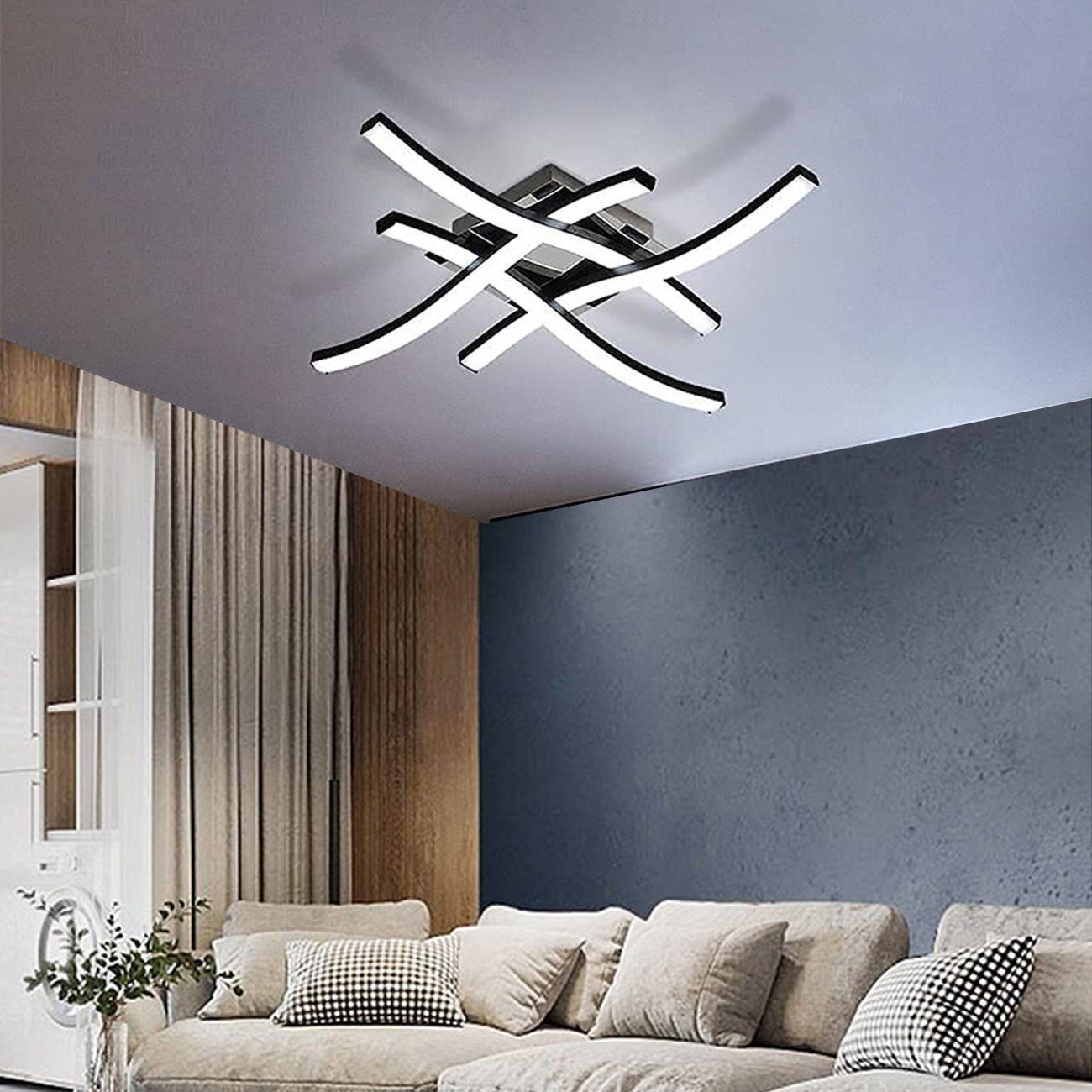 LETGOSPT Deckenleuchte LED 48W Design Deckenleuchte Fernbedienung, Deckenlampe Wohnzimmer 4-flammig, Deckenlampe fest dimmbare Warmweiß, integriert, Schlafzimmer Naturweiß, Kaltweiß, LED für Curved mit Korridor