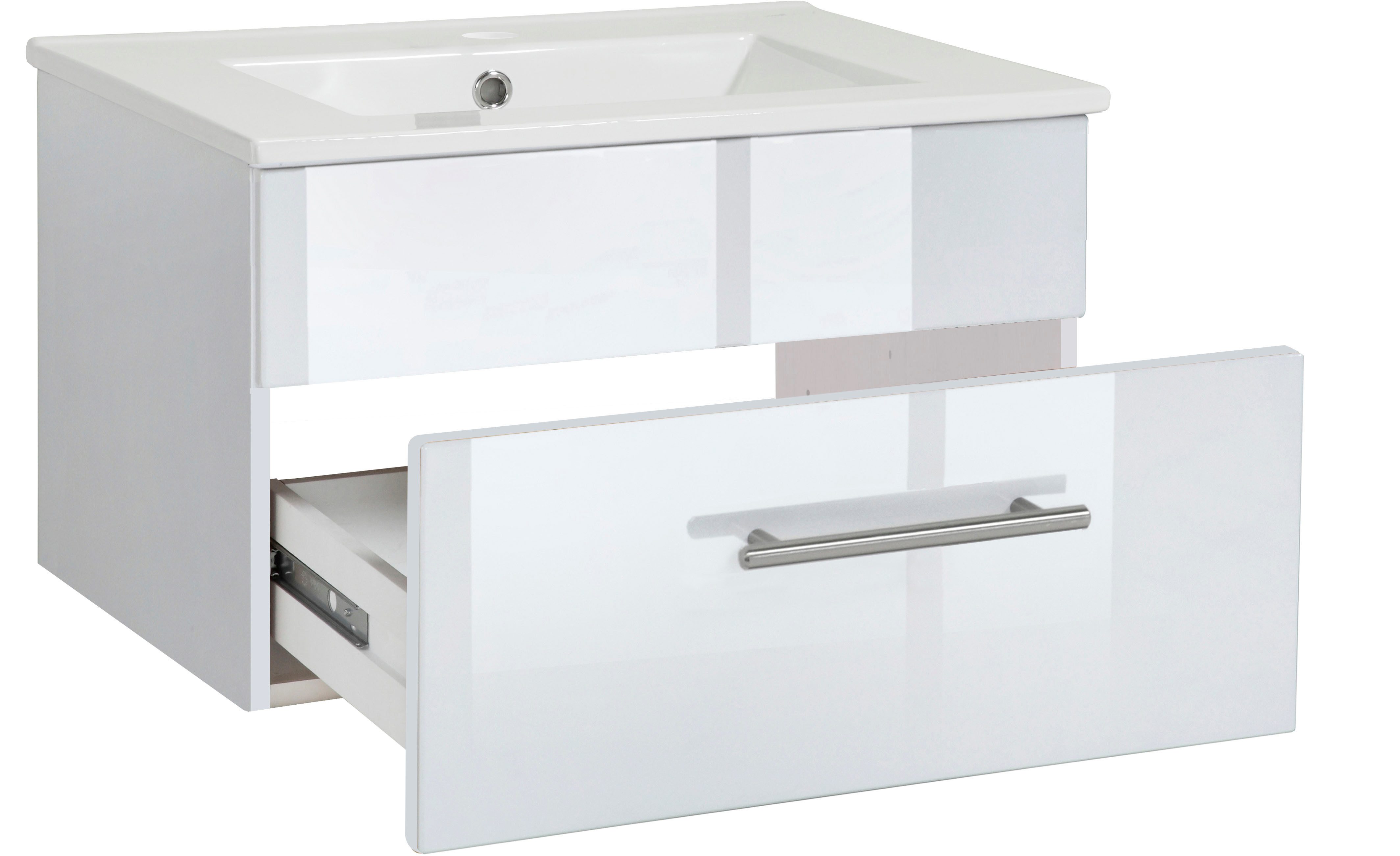 welltime Waschtisch Trento Light mit Keramik-Auflagebecken, 1 feste Blende und 1 Auszug, Breite: 61cm, Weiß Hochglanz – Bild 5 von 5