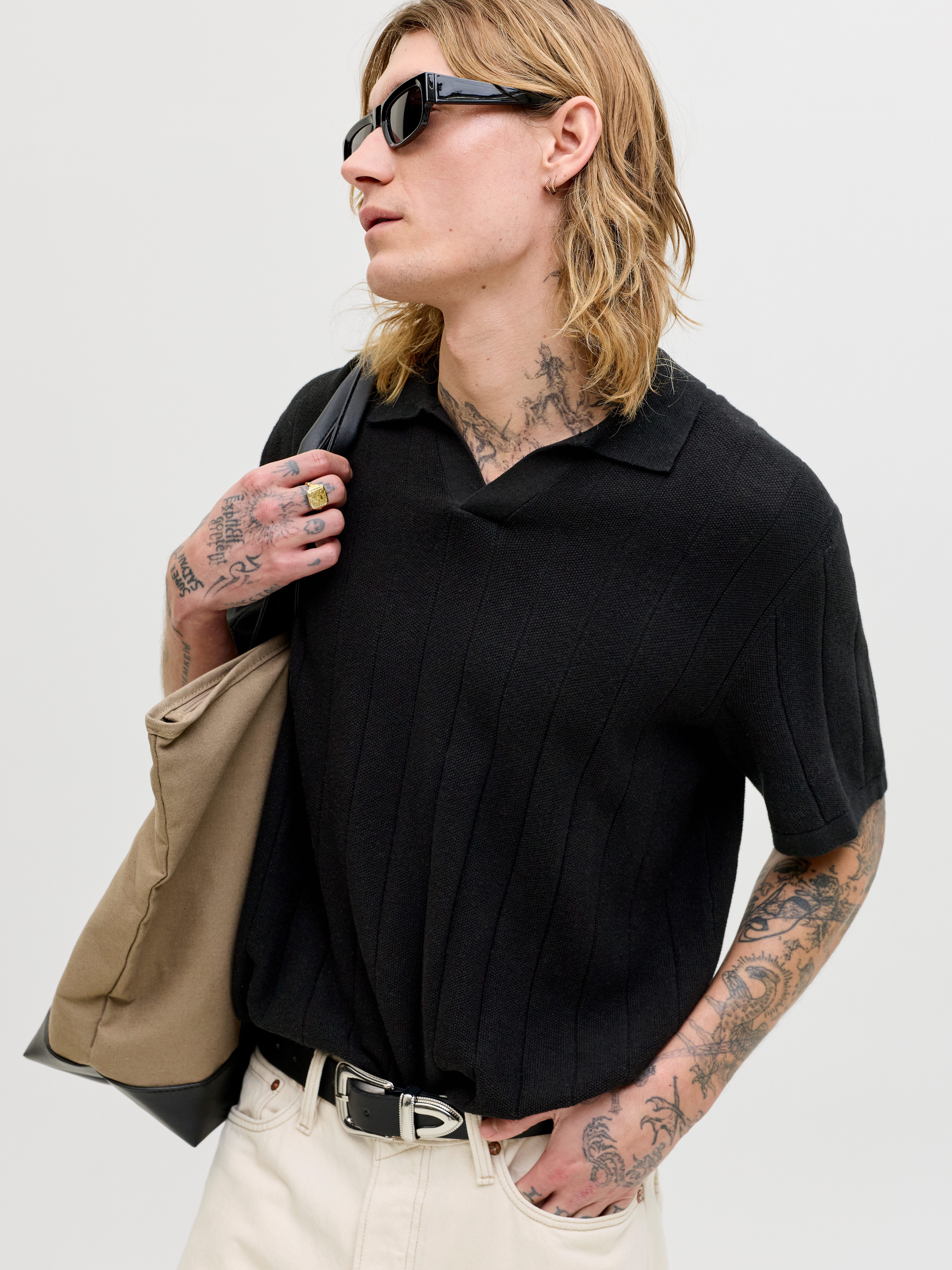 Jack & Jones Polokragenpullover JJEBRADLEY KNIT SPLIT NECK SS SN Baumwolle