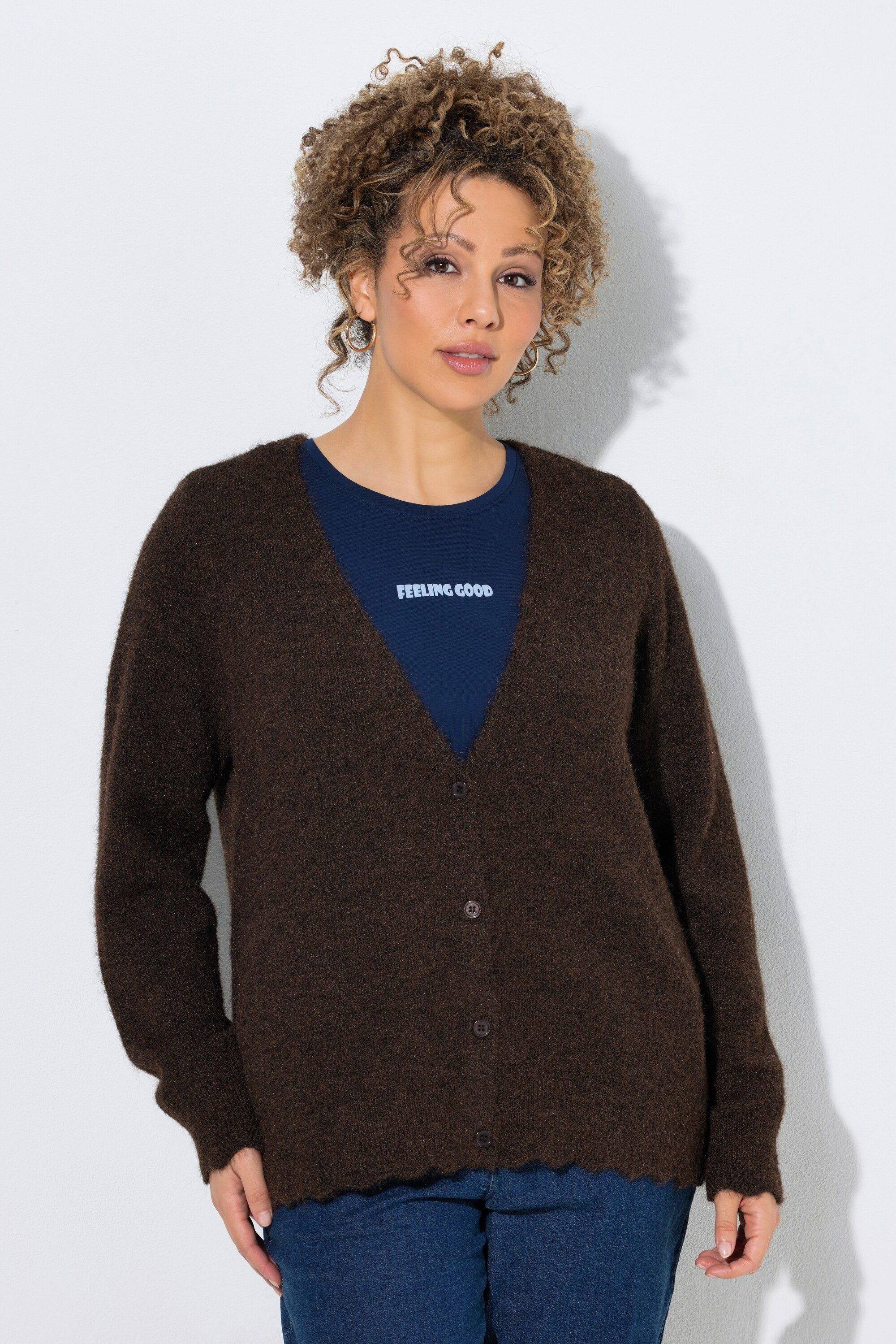 Strickjacke Strickjacke Ajour-Bündchen V-Ausschnitt Langarm