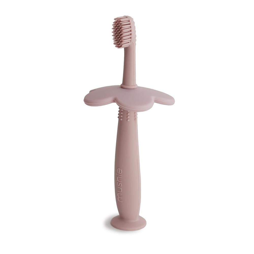 Mushie Lernzahnbürste Trainingszahnbürste Blume Blush, Kinderzahnbürste mit Saugnapf Babyzahnbürste