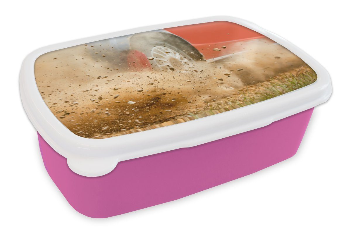 MuchoWow Lunchbox Auto - Rennen - Rad, Kunststoff, (2-tlg), Brotbox für Erwachsene, Brotdose Kinder, Snackbox, Mädchen, Kunststoff rosa