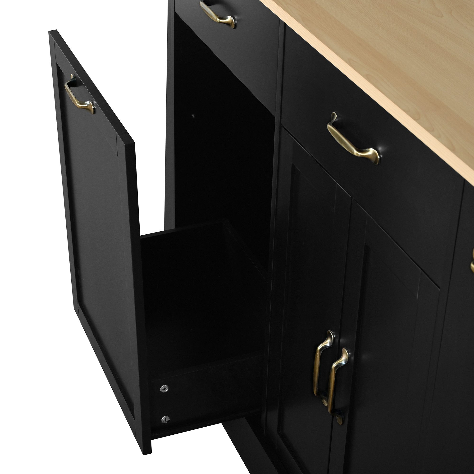 HAUSS SPOLE Sideboard mit Mülleimerfach,Küchenschrank mit Schubladen und Gewürzregal,Schwarz (Buffetschrank 133.5×40×86 mit Abfallbehälterfach), für Esszimmer oder Wohnzimmer
