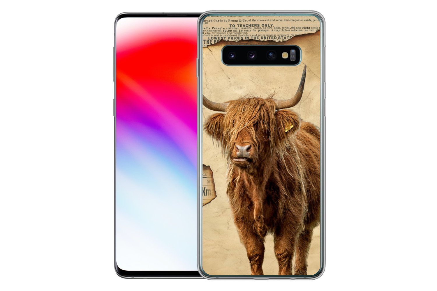MuchoWow Handyhülle für Samsung Galaxy S10 Schottischer Highlander - Retro - Zeitungsartik, Phone Case, Silikon, Schutzhülle Dünn
