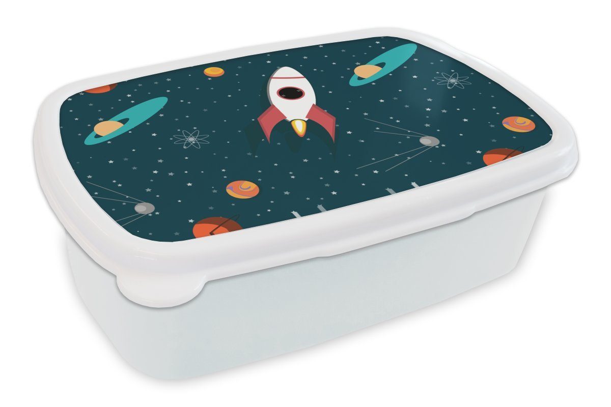 Design, (2-tlg), und Erwachsene, für Kinder für Mädchen Jungs MuchoWow Weltraum Lunchbox - und - weiß Rakete Brotdose, Brotbox Kunststoff, - Kinder