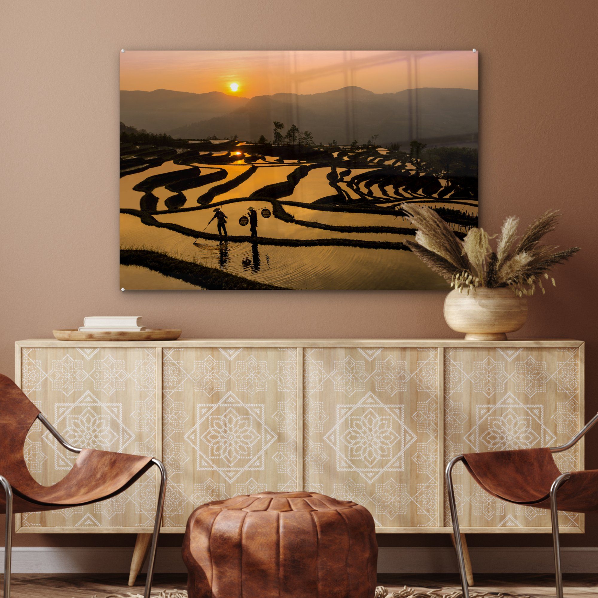 Acrylglasbilder einem (1 Sonnenuntergang, Wohnzimmer MuchoWow von Schönes St), & Bild Acrylglasbild Schlafzimmer bei Reisfeld