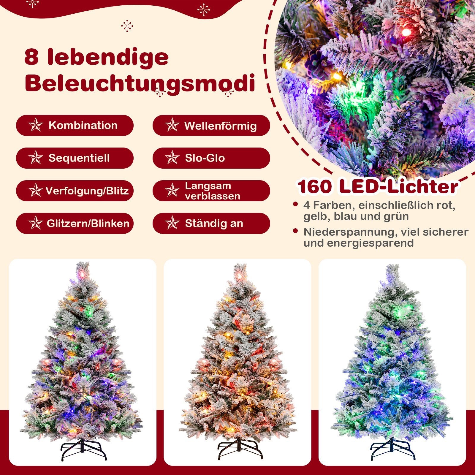 COSTWAY Künstlicher Weihnachtsbaum, mit Schnee, 8 Lichtmodi, 472 Zweigspitzen