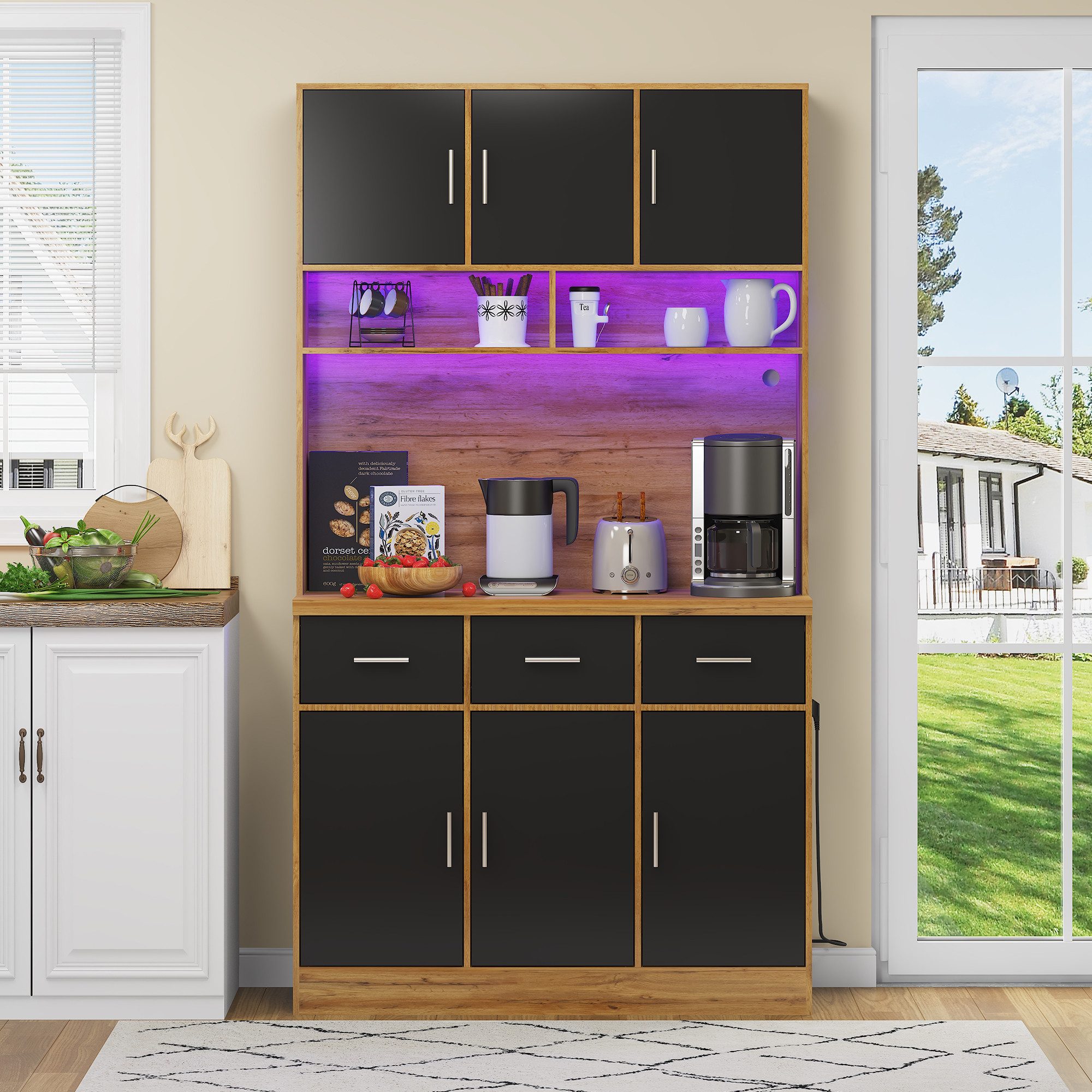 Flieks Küchenbuffet mit LED-Beleuchtung und Steckdosen (1-St., 100x40x180cm) Hochschrank Küchenschrank Geschirrschrank mit verstellbare Ablagen