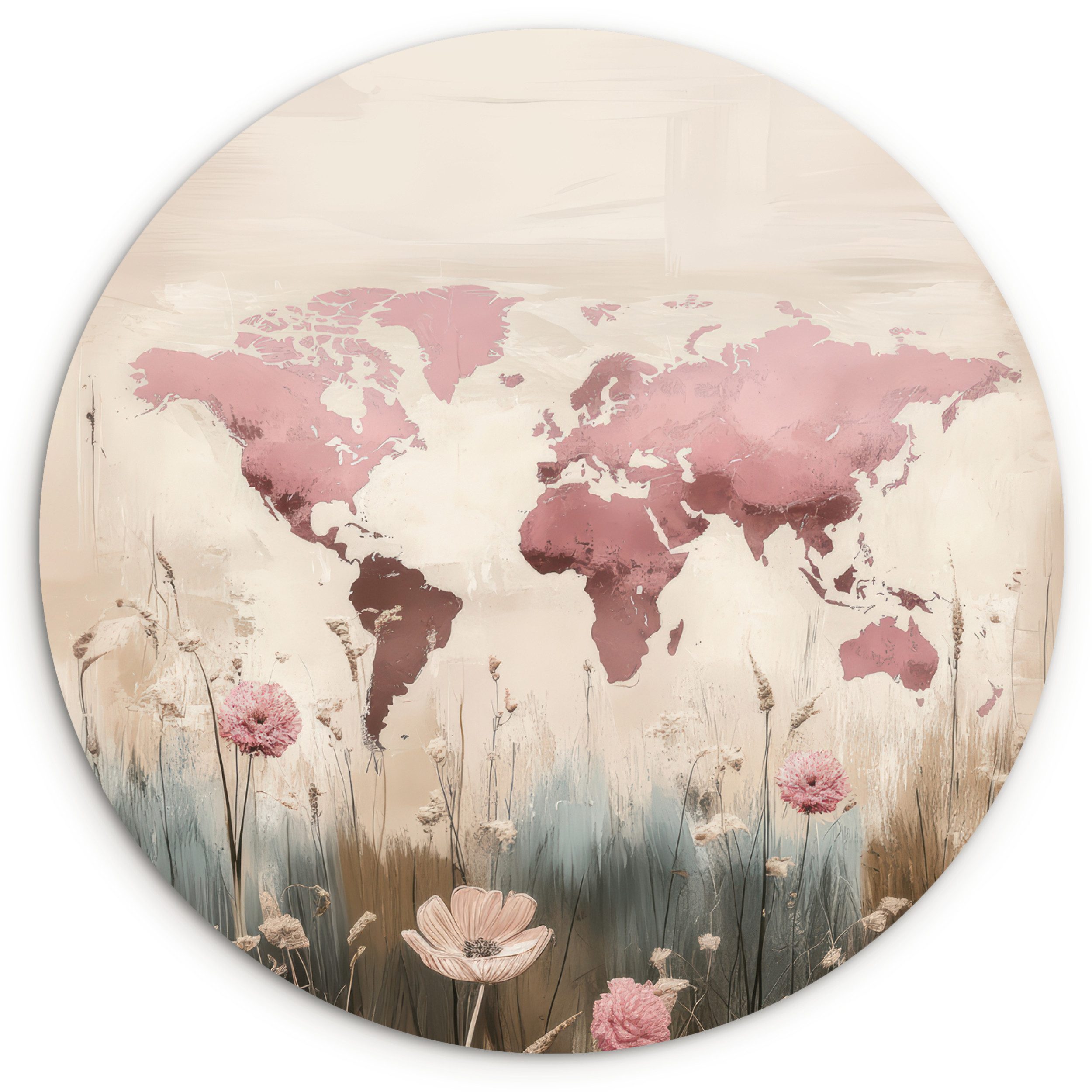 MuchoWow Gemälde Weltkarte - Rosa - Blumen, Fotodruck (1 St), Kreis Wanddekoration, Rundes Wandbild, 30x30 cm