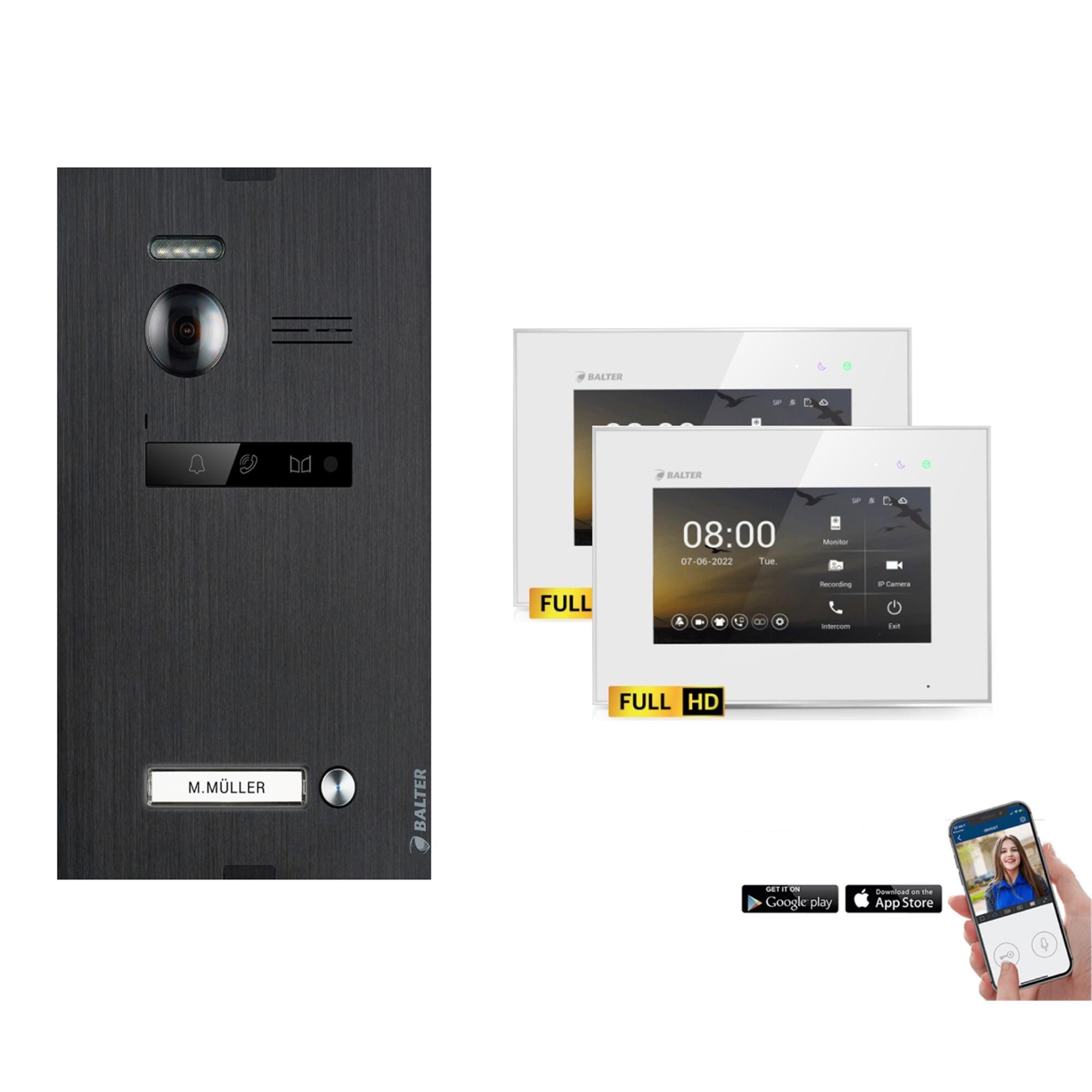 Balter Video-Türsprechanlage EVO-HD Komplettset 1-Familie Schwarz 2x 7" WLAN Monitore Weiß (Set, 1-Familienhaus, Komplettset, FullHD Kamera, mit App)