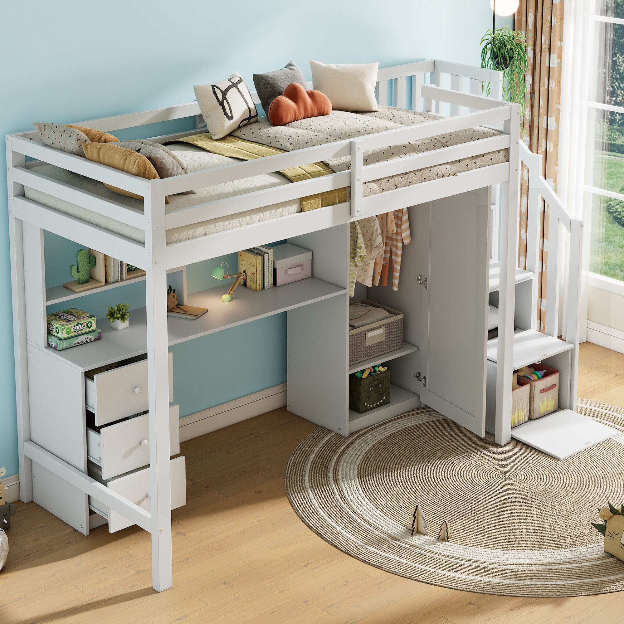 REDOM Etagenbett mit Aufbewahrungsschrank (Doppelbett, multifunktionales Kinderbett, 90*200, ohne Matratze, 3 Schubladen, 3 Treppenschränken), mit Treppe, Schreibtisch und Kleiderschrank