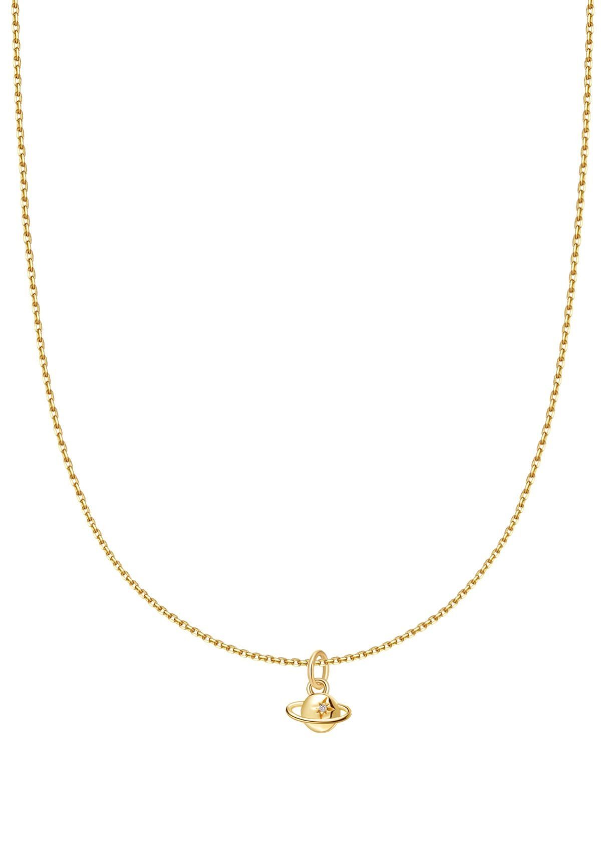 Dear Me Goldkette Damen 375 Gold Planet Anhänger hängend, 9K Massivgold Halskette Saturn Zirkonia, 375 Echtgold Schmuck