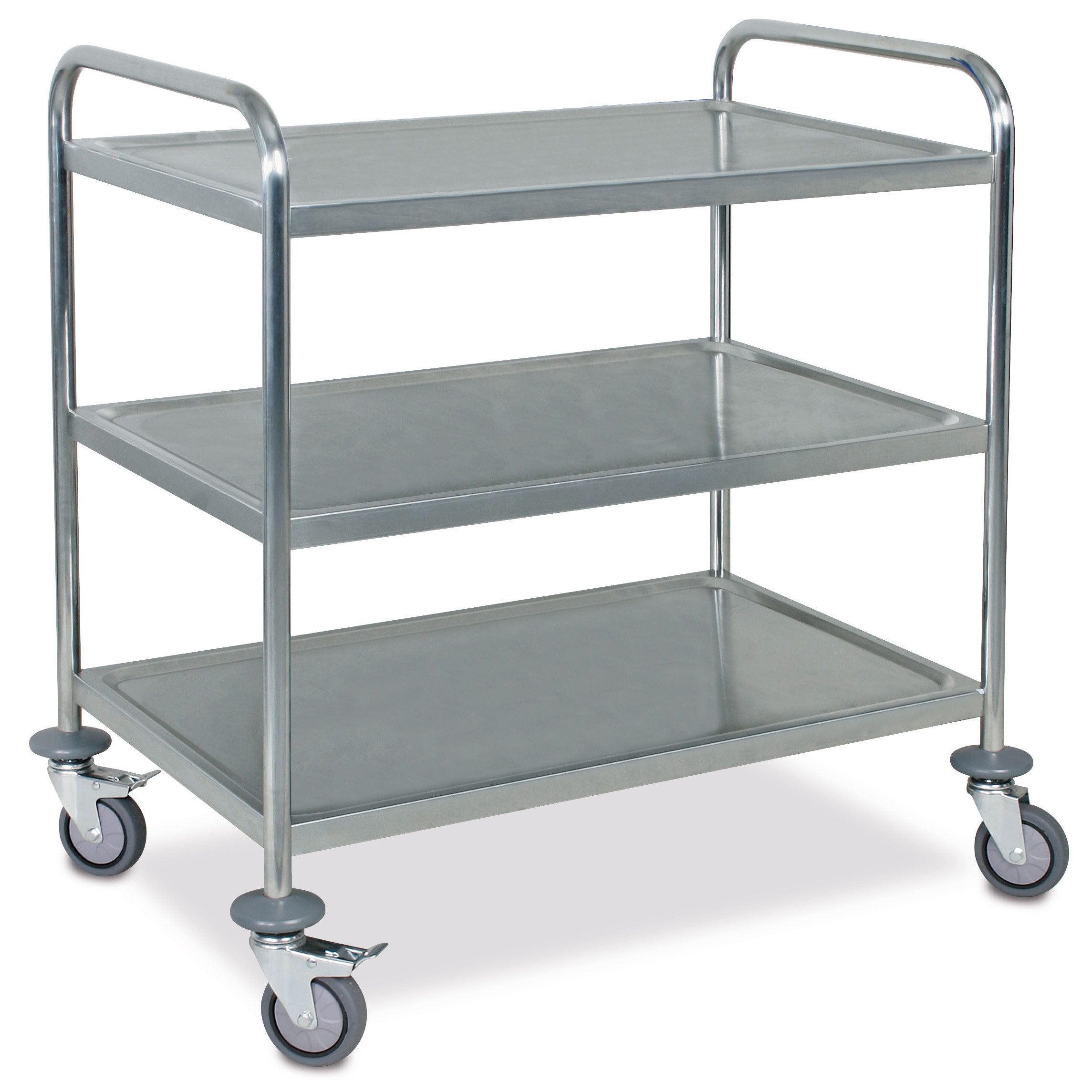 BRB-Lagertechnik Servierwagen Edelstahl-Servierwagen, 3 Etagen, LxBxH 860x540x940 mm, Antidröhnbelag für angenehmes, ruhiges Beladen und Fahren.