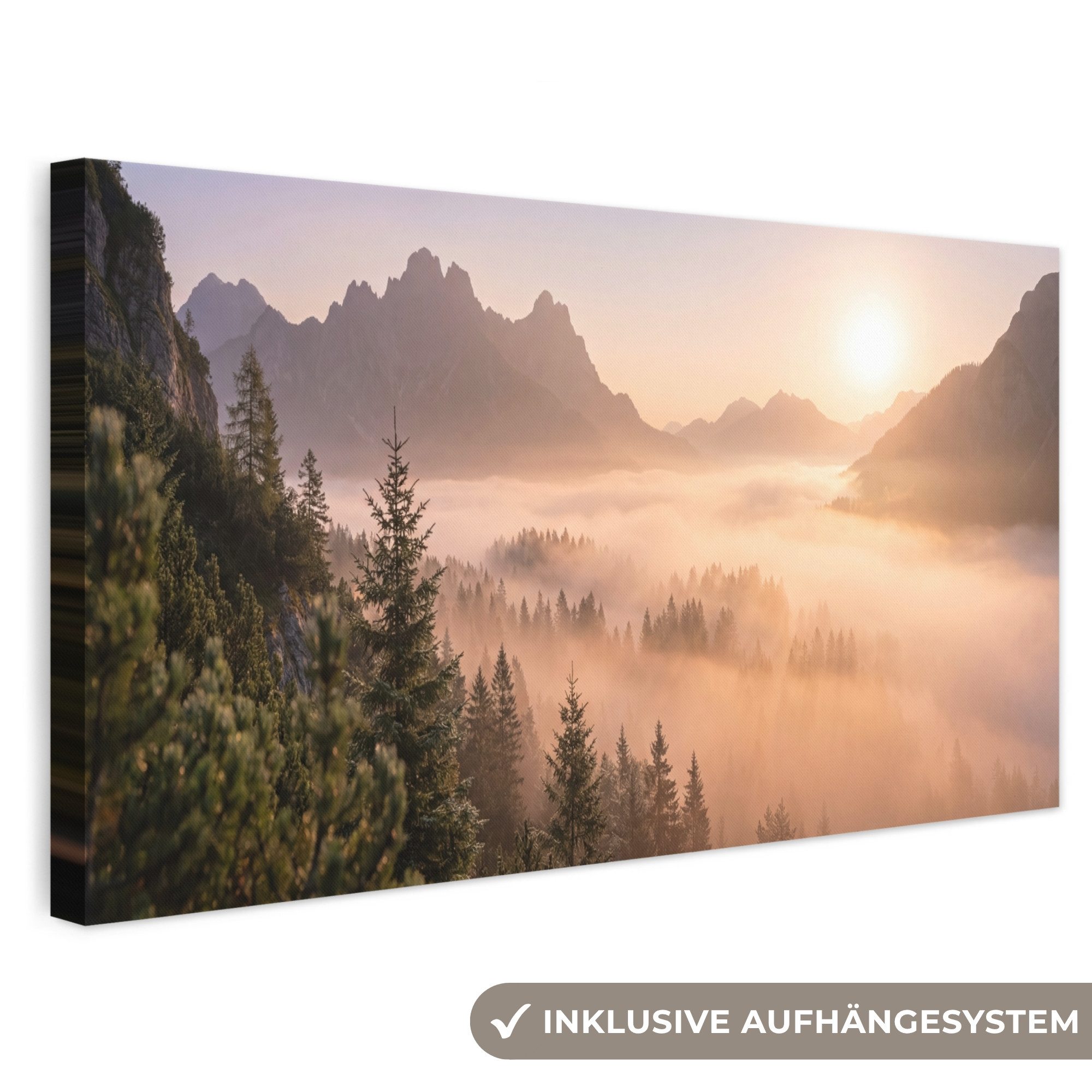 OneMillionCanvasses® Leinwandbild Panorama Sonnenlicht - Nebel - Berge - Bäume, Fotodruck (1 St), Wandbild, Deko Schlafzimmer Wohnzimmer Flur 40x20 cm