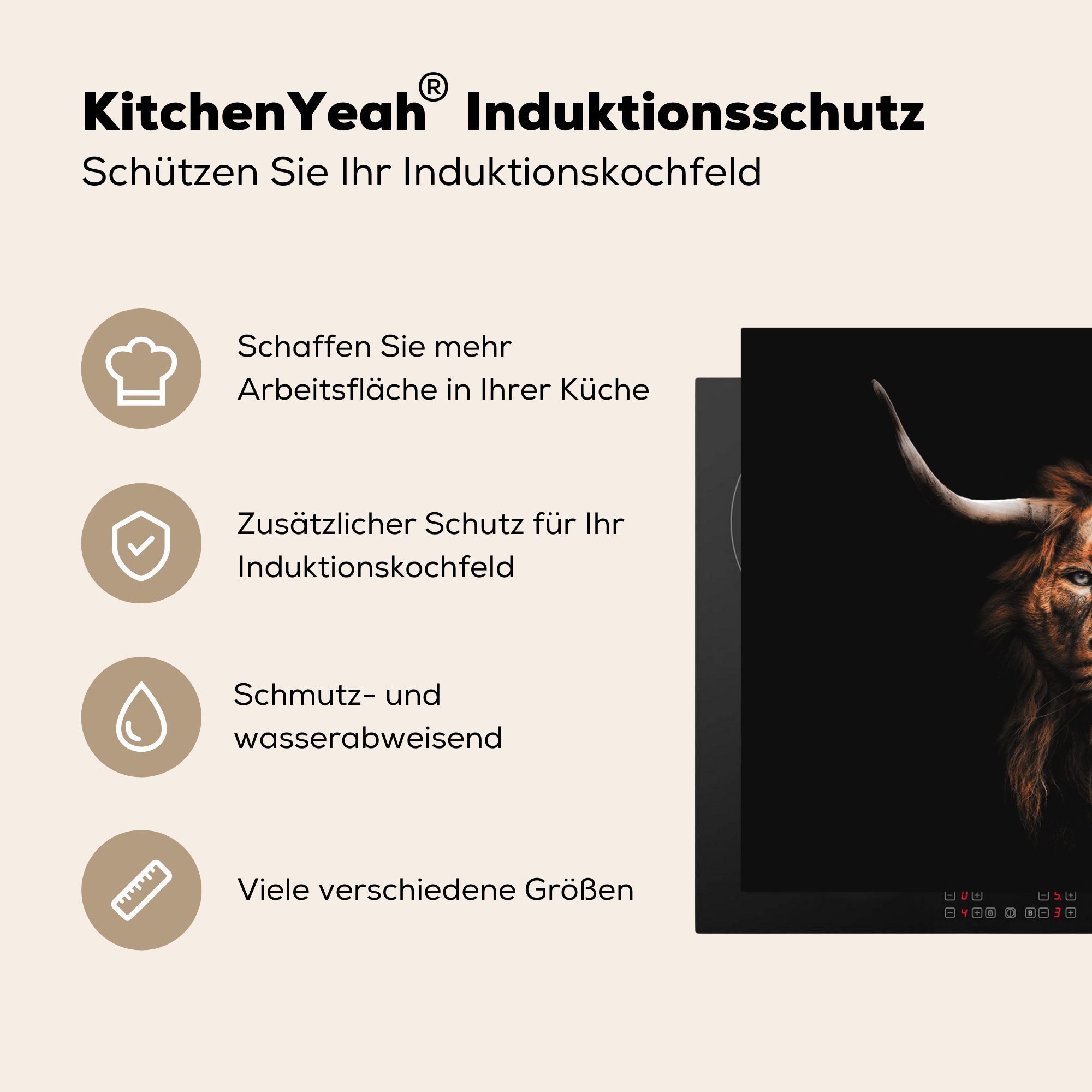 MuchoWow Herdblende-/Abdeckplatte (1 küche, 71x52 Vinyl, Schwarz, für Schutz cm, - Löwe Highlander - Schottischer tlg), Ceranfeldabdeckung Induktionskochfeld die
