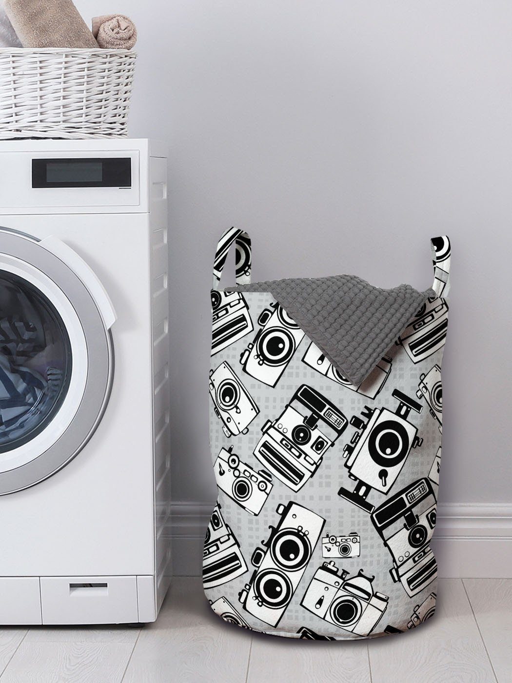 Abakuhaus Wäschesäckchen mit Waschsalons, Kordelzugverschluss für Weinlese-Foto-Kameras Wäschekorb Griffen Hipster