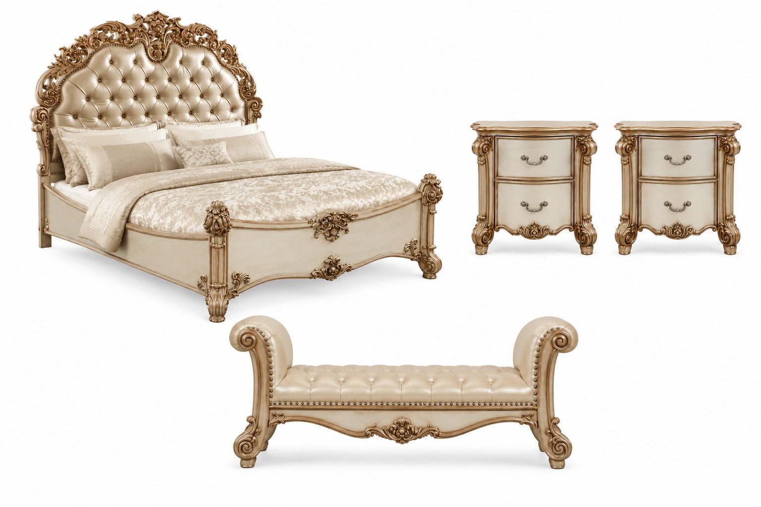 JVmoebel Jugendzimmer-Set Barock Schlafzimmer-Set Luxus mit Bett und Nachttischen