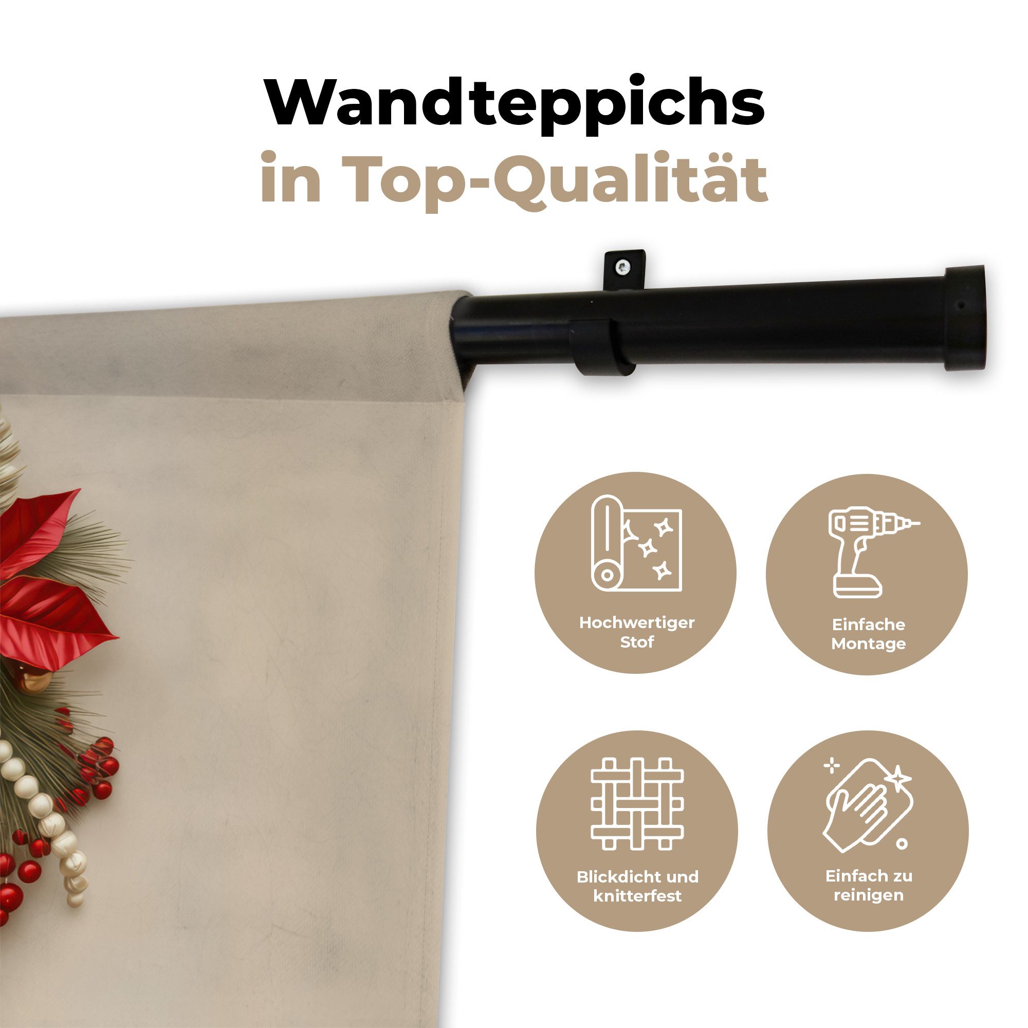 MuchoWow Wandteppich Türkranz - Schleife - Weihnachten - Rot - Grün, Rechteckig, Höhe: 3 mm, Wandteppich für Wohnzimmer, Schlafzimmer, 60x40 cm