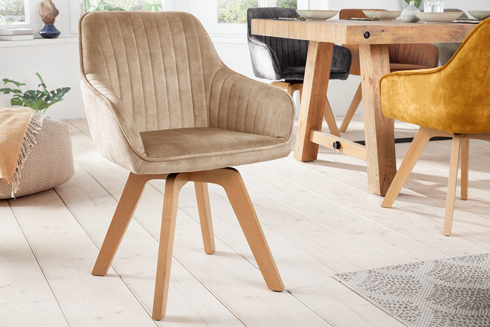 riess-ambiente Polsterstuhl LIVORNO champagner greige – Samt, drehbar, Holz-Beine, mit Armlehne (Einzelartikel, 1 St), mit 180° Drehfunktion und Autoreturn – ideal für Dein Esszimmer