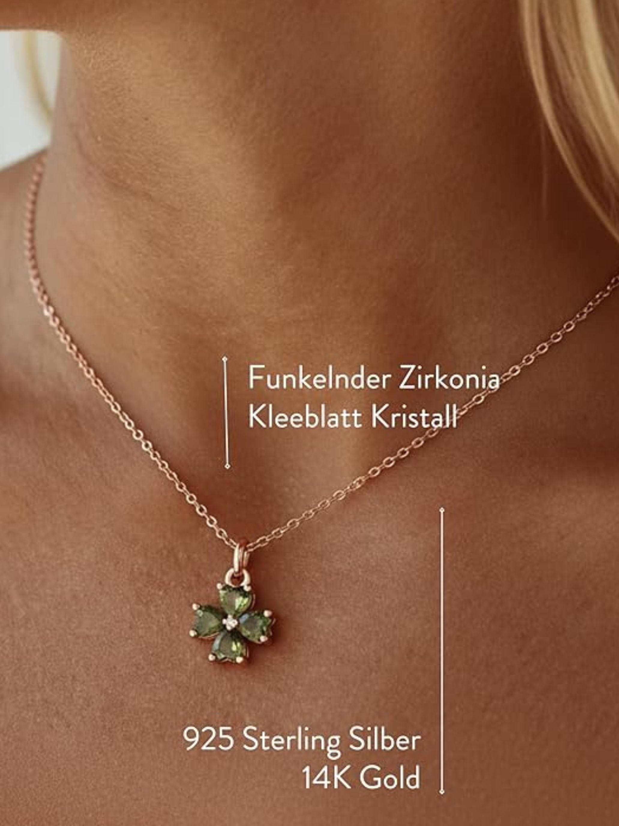 Einzelstück Charm-Kette Halskette mit Kleeblatt Anhänger 925 Sterling Silber