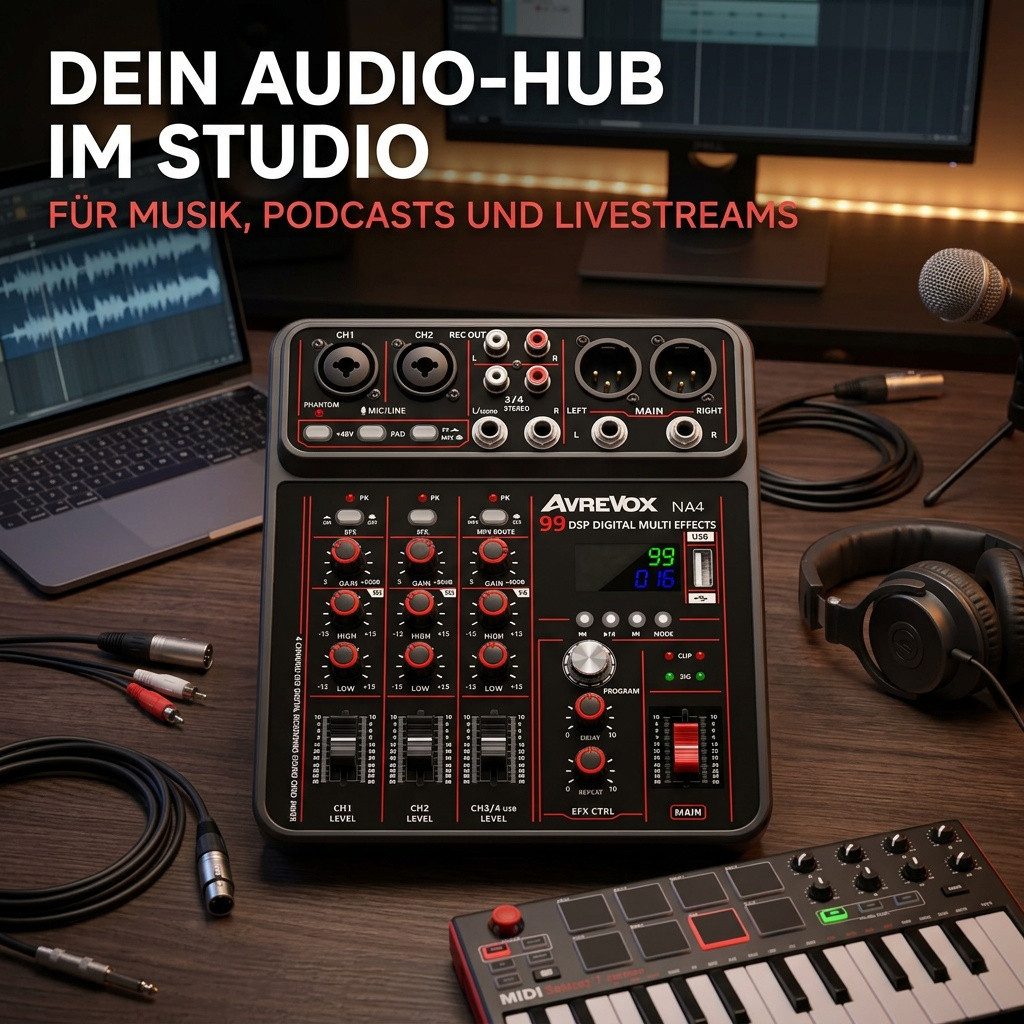 nsihing Mischpult 4-Kanal Mini-Mixer - Live/Studio DJ Mixer, Kompaktes Mischpult, mit Bluetooth und USB-Recording – Bild 5 von 5