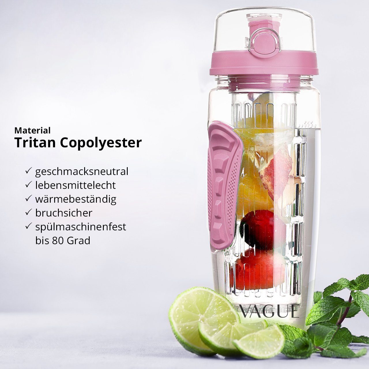 LA VAGUE Trinkflasche VITALITY Trinkflasche mit Einsatz, Trinkflasche mit Früchtesieb für perfekt aromatisierte Getränke