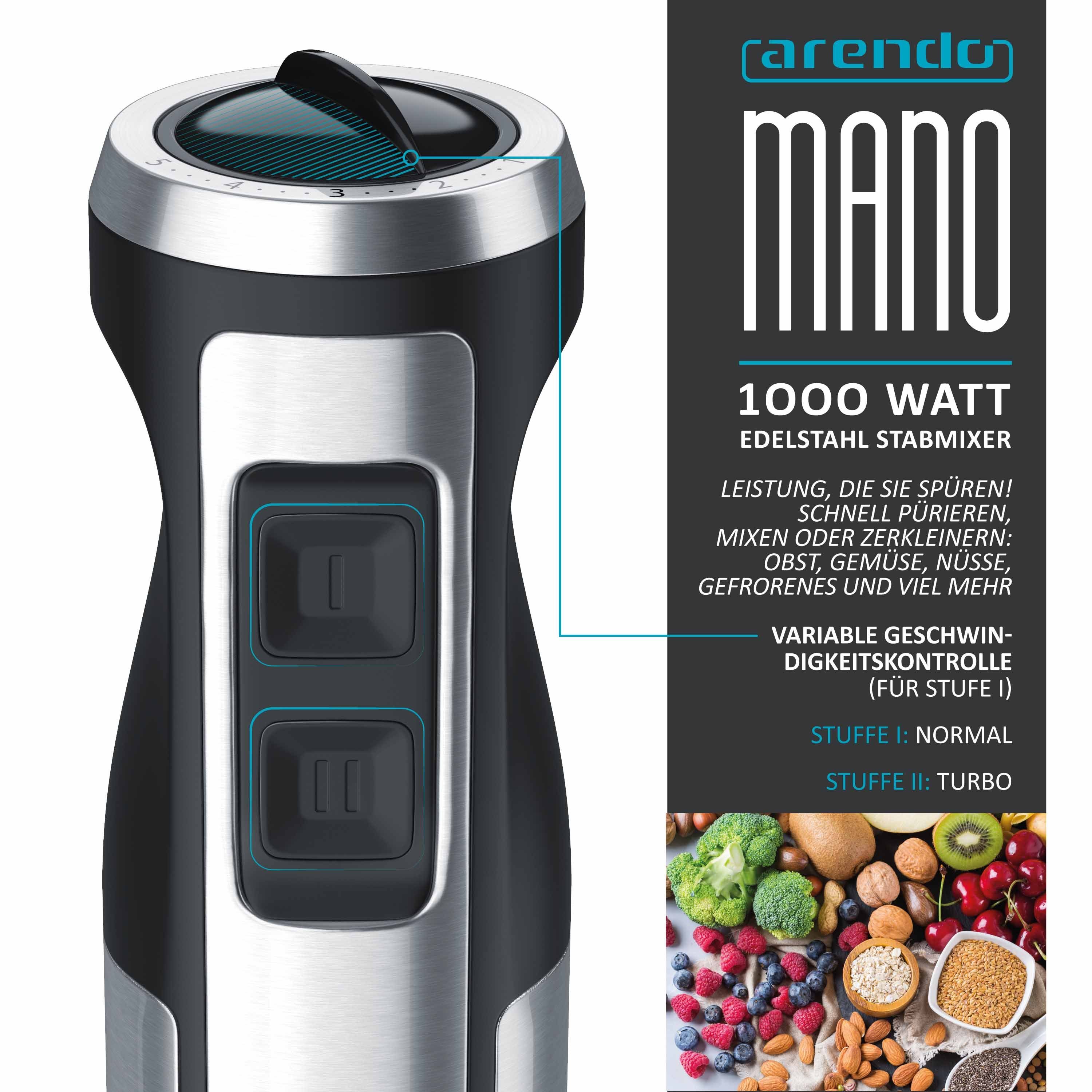 Arendo Stabmixer Edelstahl Pürierstab mit Messbecher, Handmixer, stufenlose Regelung, 1000 W, vierflügeliges Messer, Turbotaste, Abnehmbarer Mixfuß, GS Geprüft