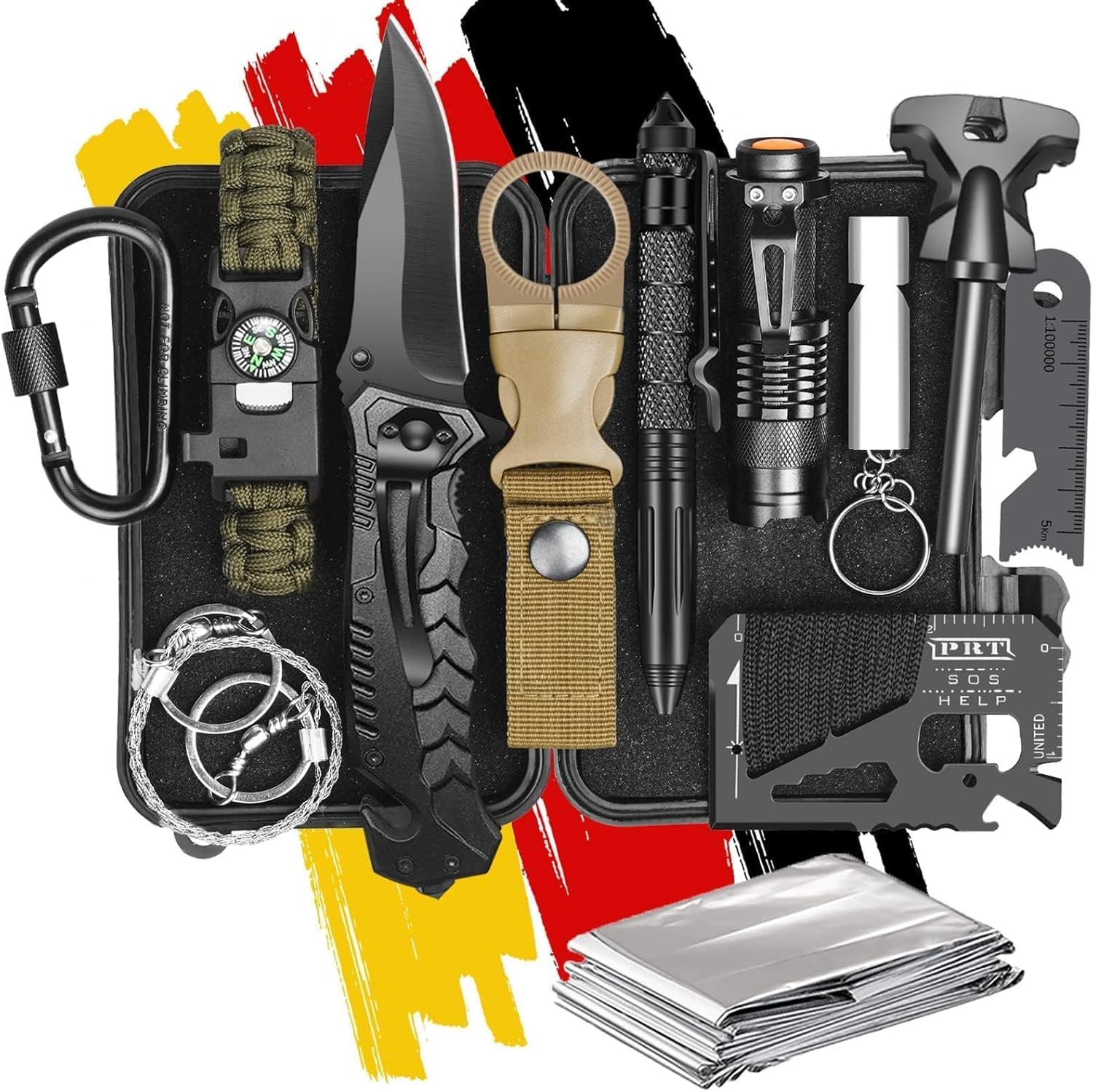 Vivitar Multitool 13-in-1 Survival Kit für Männer, Outdoor Ausrüstung mit Taschenlampe, (Feuerstarter, Paracord Armband, Notfalldecke, Multifunktionskarte, 13 St., und taktischer Stift, Überlebensgeschenk für den Outdoor-Einsatz), kompaktes Notfallset für Camping Wandern Reisen Trekking