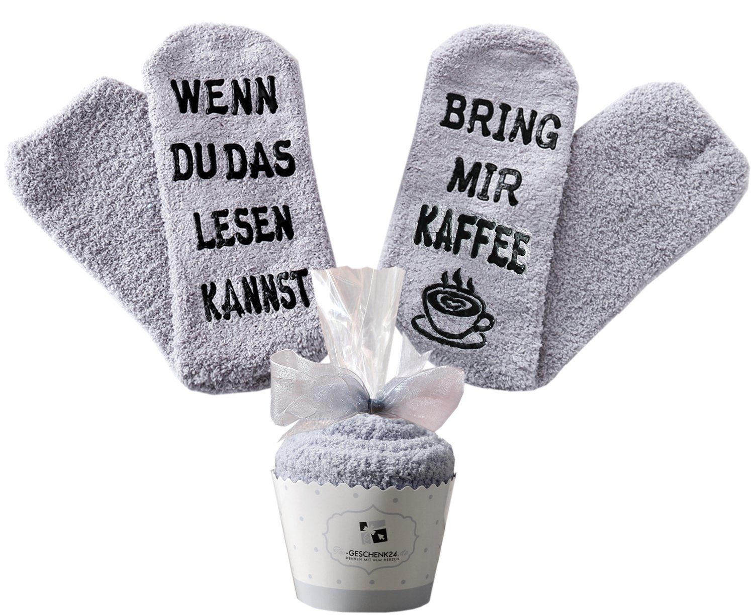 Lucadeau Kuschelsocken mit Spruch "Wenn du das lesen kannst, bring mir Kaffee" (Cupcake Verpackung, 1 Paar) rutschfest, Gr. 36-43, Geschenke für Frauen, Weihnachtsgeschenke Grau