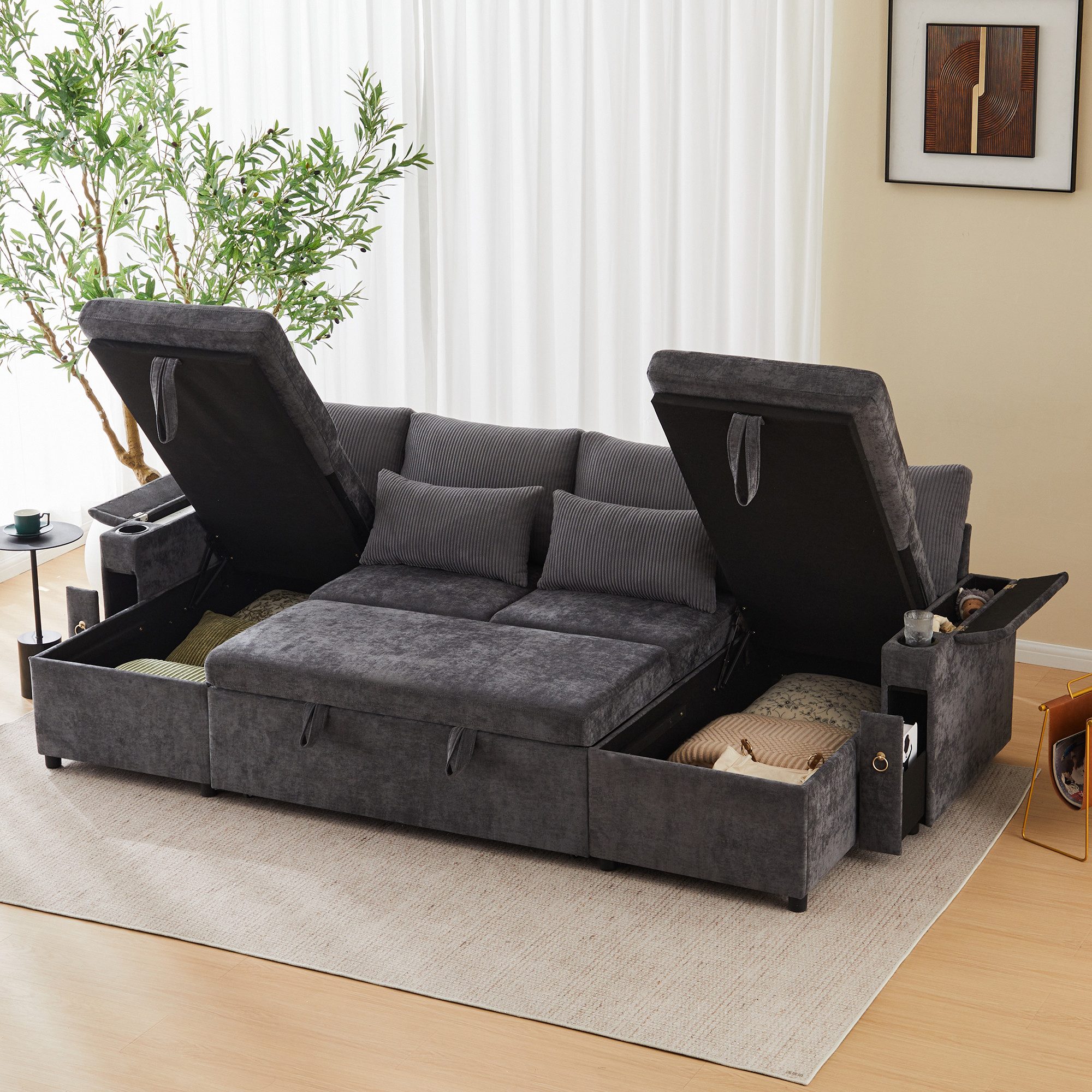 Merax Schlafsofa U-Form Sofa mit Schlaffunktion, Stauraum und Getränkehaltern, 4-Sitzer-Sofa 1 Teile, modulares Sofa aus Chenille & Cord, XL Ecksofa mit Metallgestell